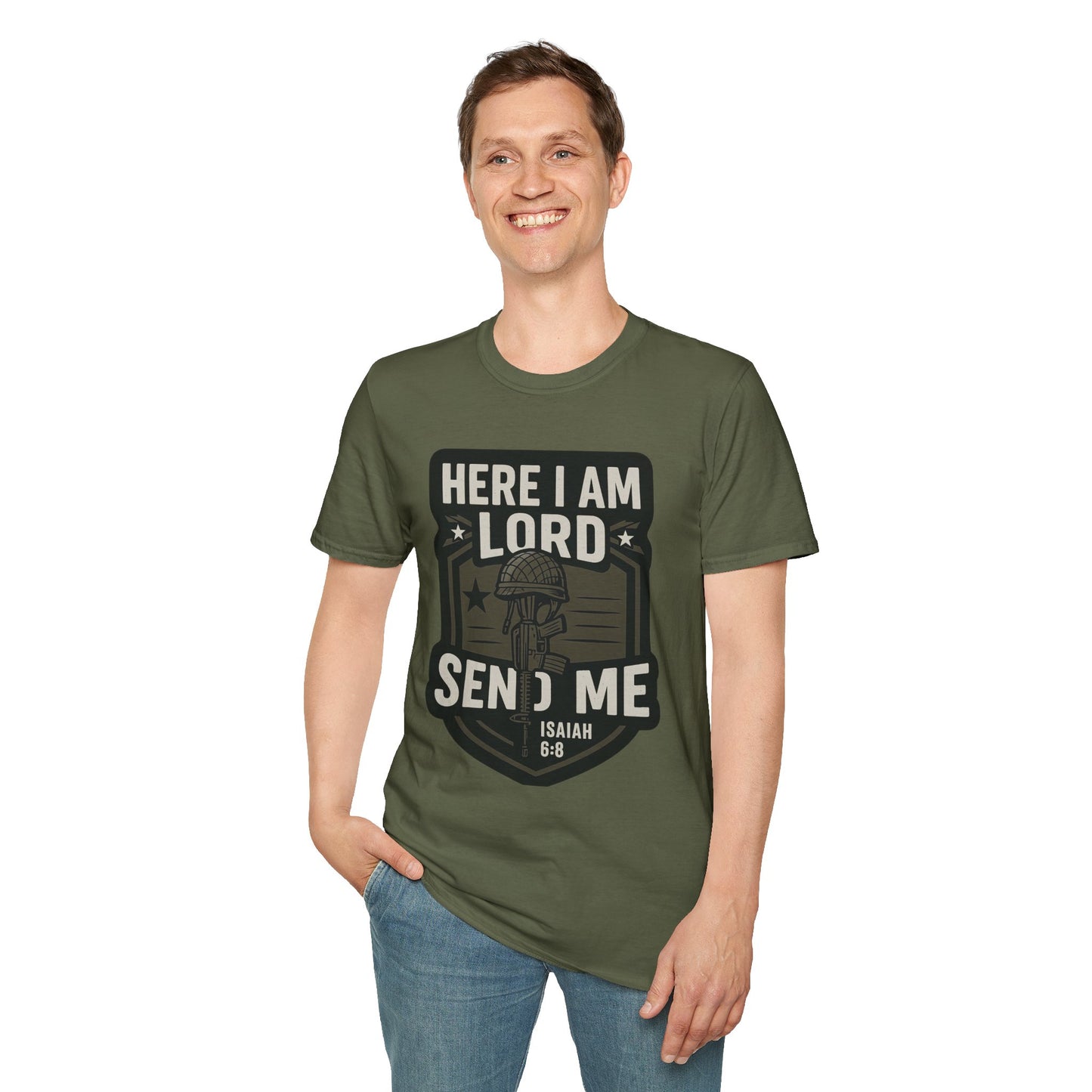 "Here I Am Lord Send Me" Bible Verse Inspirational Faith T-Shirt (Military Logo)