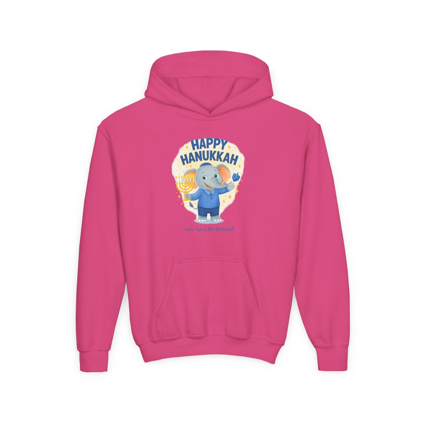 Happy Hanukkah Asher the Elephant Kids Hoodie (Standing Logo)