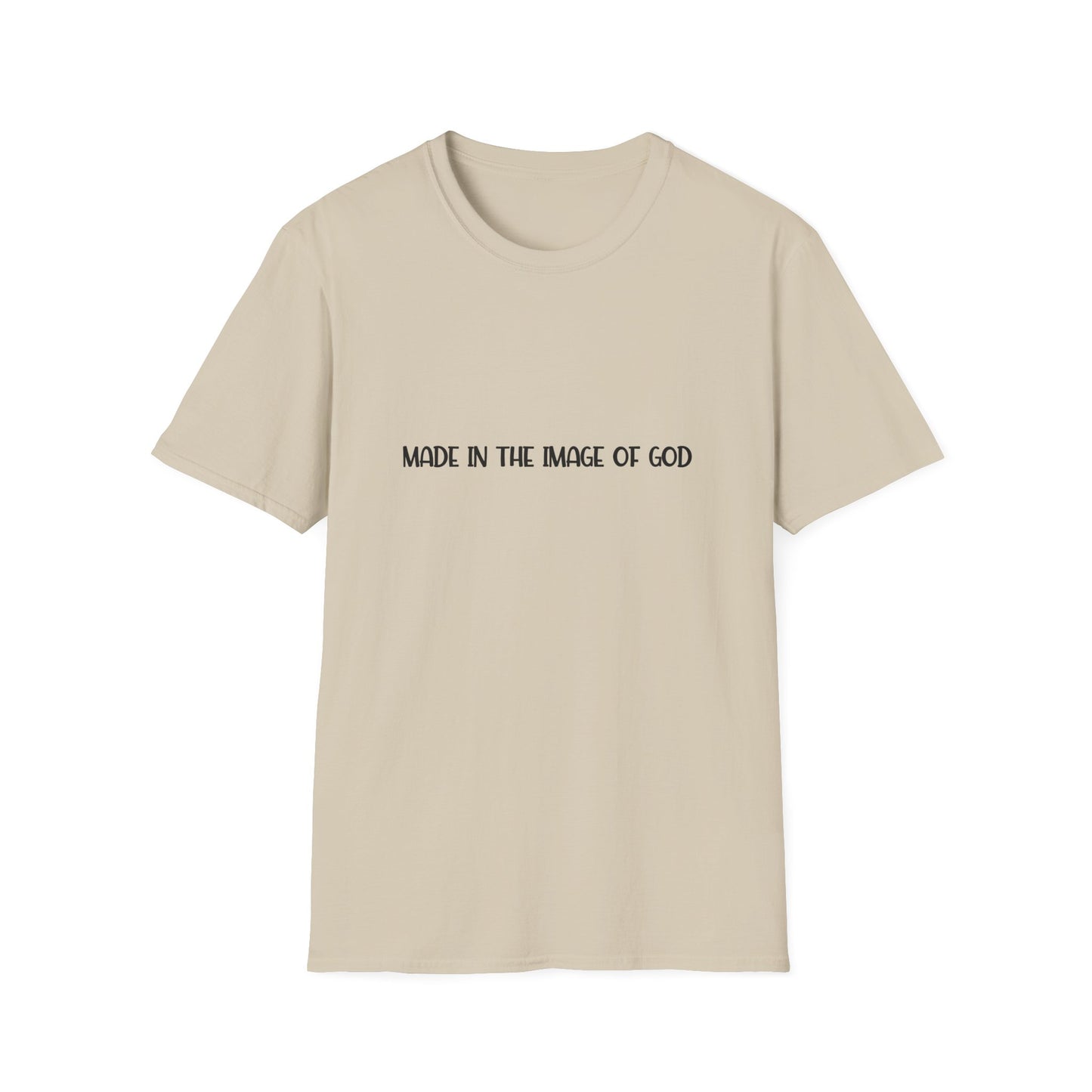 "Made in the Image of God" Christian Inspirational Softstyle Tshirt (FP Black Logo)