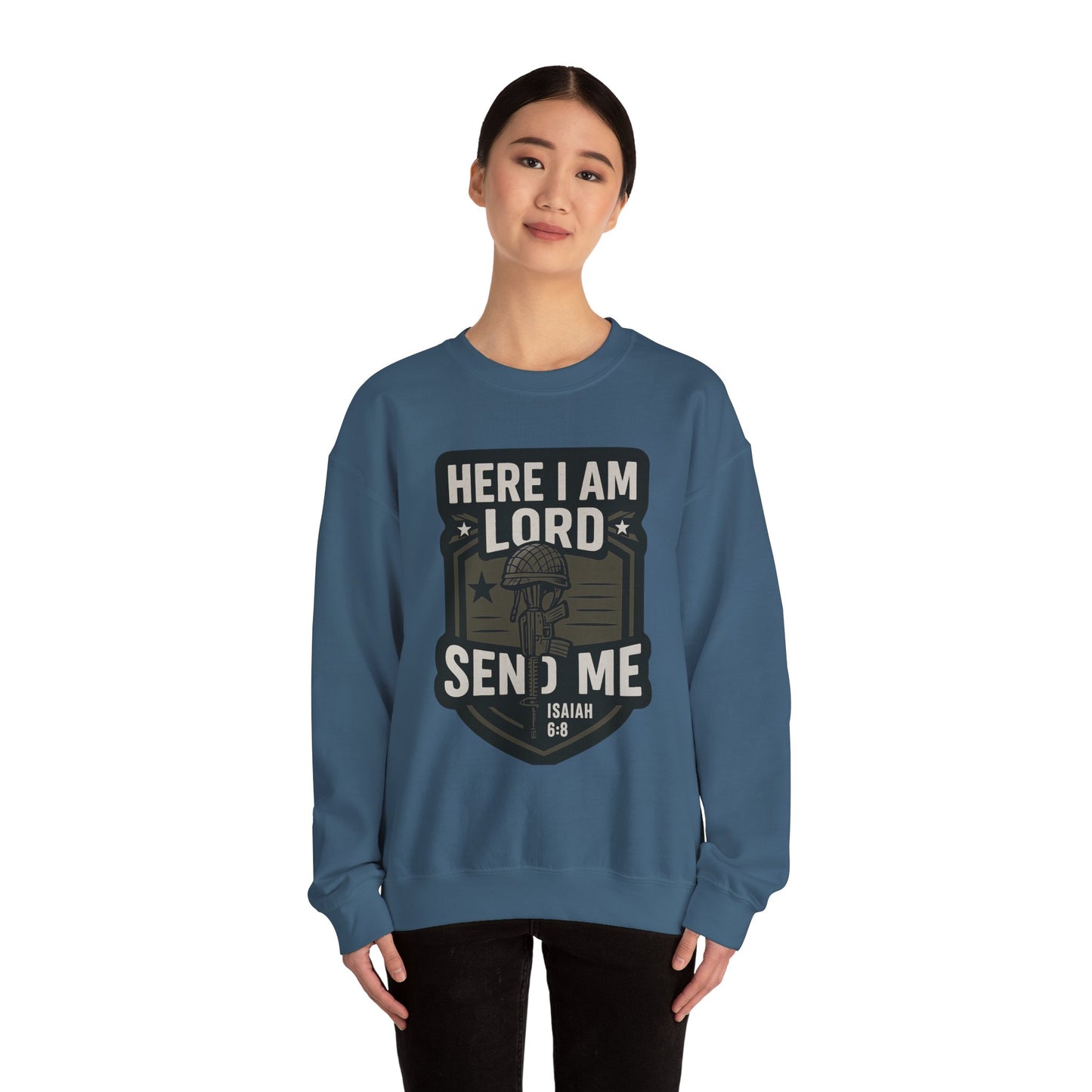 "Here I Am Lord Send Me" Bible Verse Inspirational Faith Sweatshirt (Military Logo)