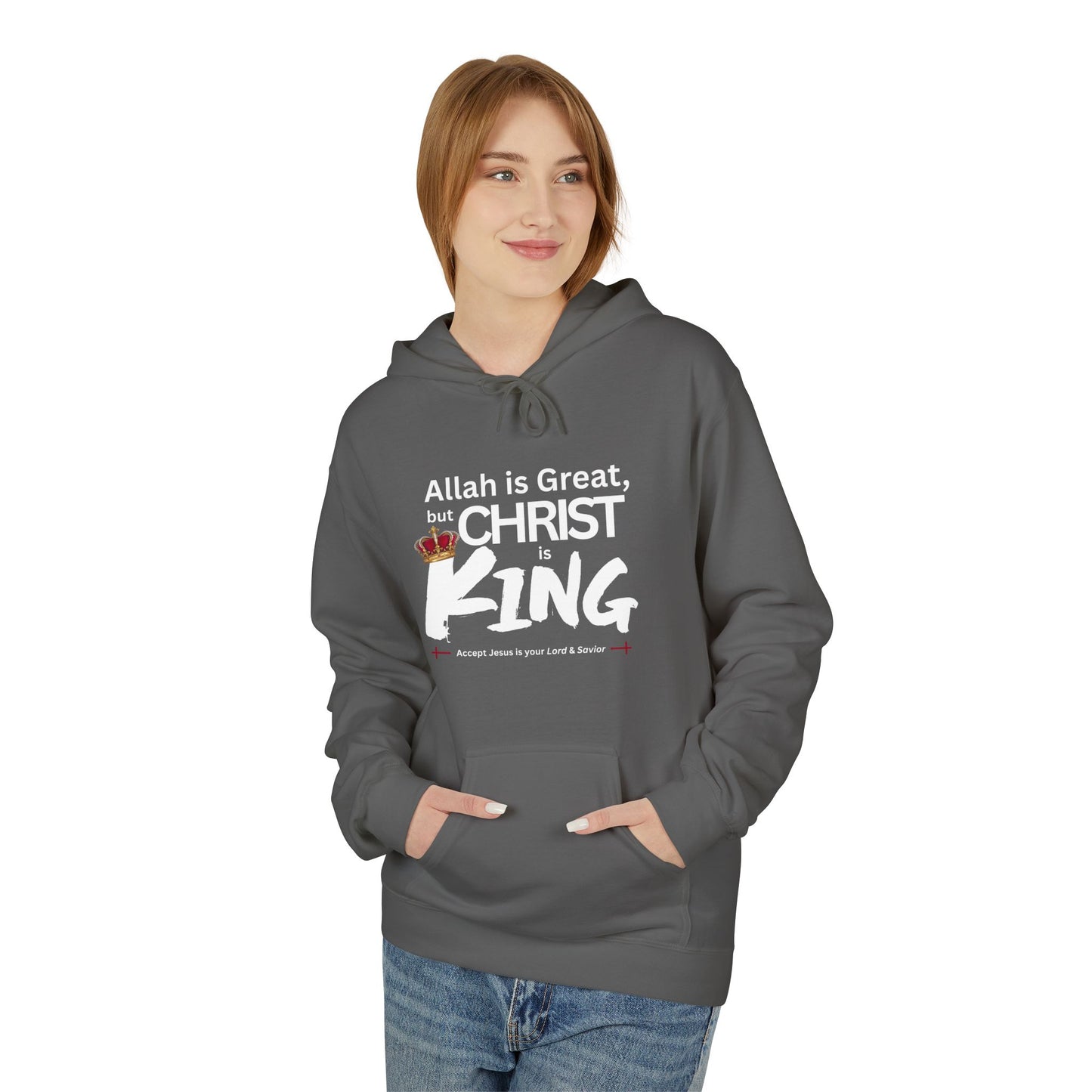 "Christ is King" Cozy Unisex Fleece Hoodie (Great Logo - White) - Sweet Baby Jeez Teez