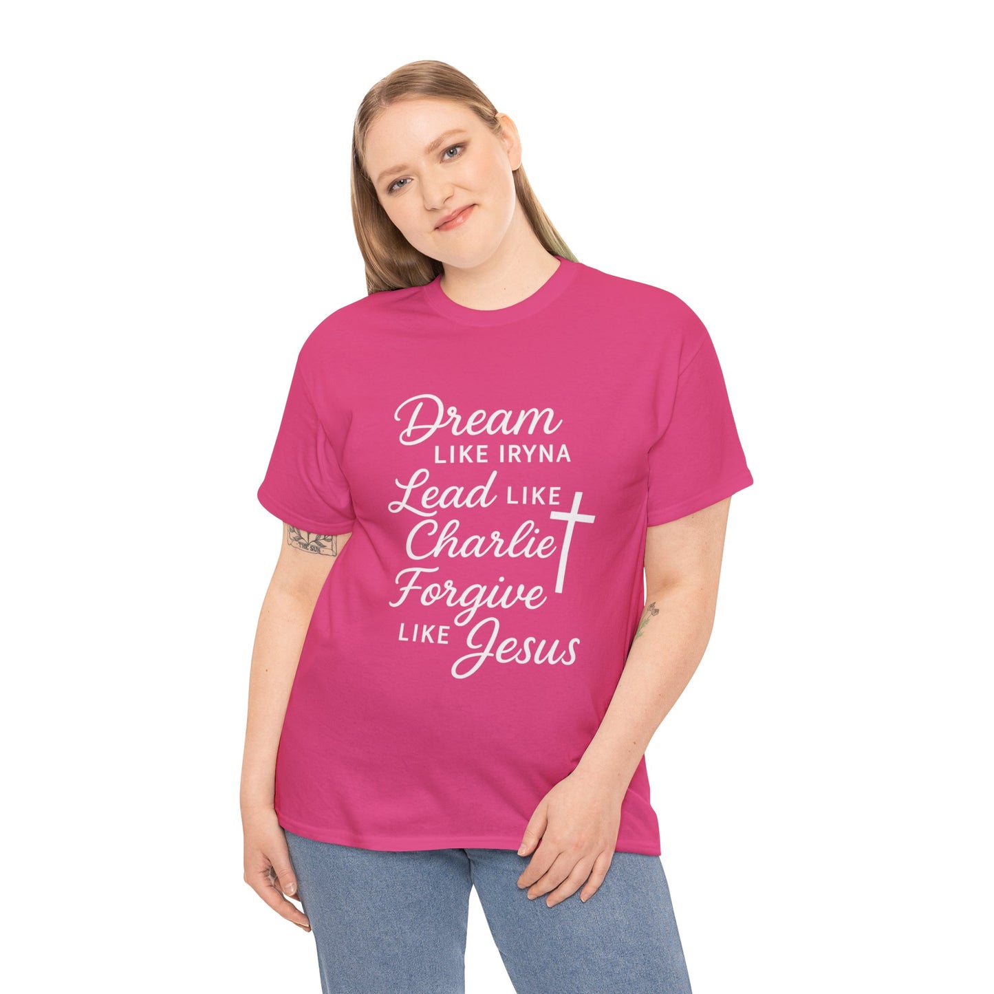 Dream, Lead, Forgive Women's Relaxed Heavy Cotton Tshirt (White Logo)