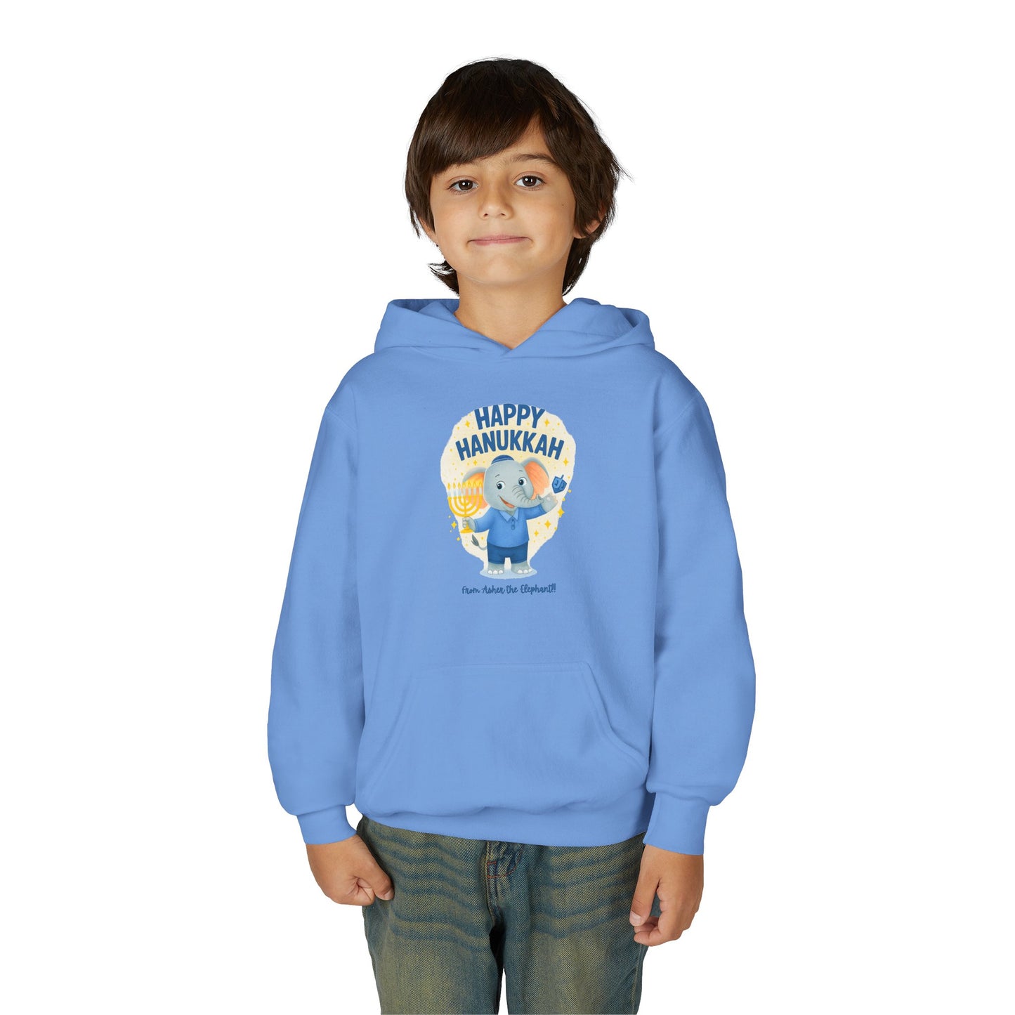 Happy Hanukkah Asher the Elephant Kids Hoodie (Standing Logo)