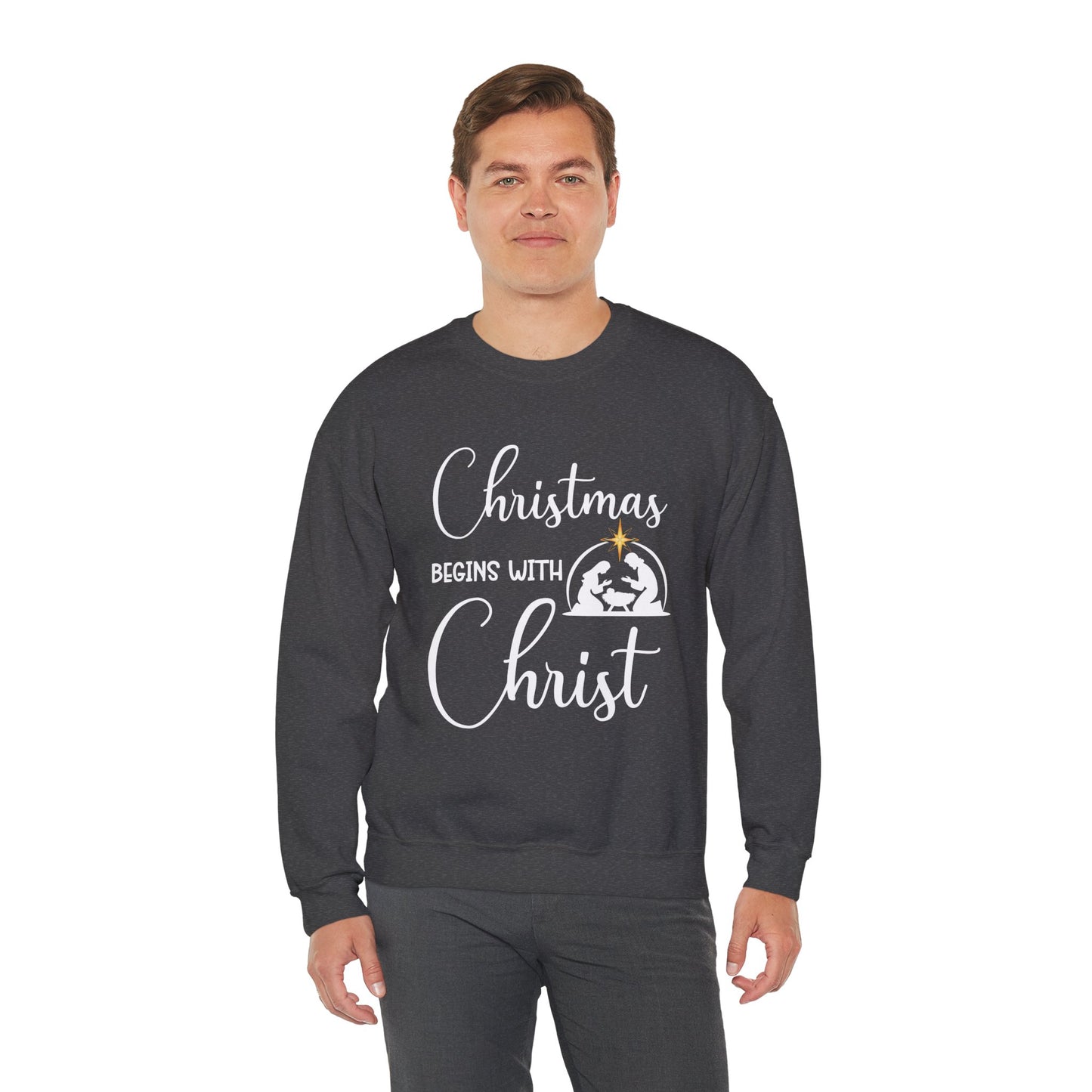 Christmas Begins with Christ Heavy Crewneck Sweatshirt (White/Gold Logo) - Sweet Baby Jeez Teez