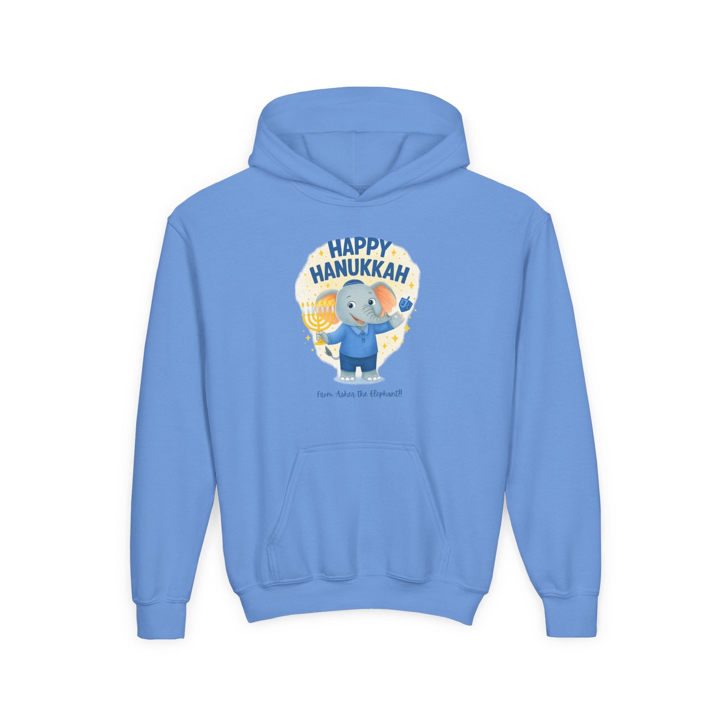 Happy Hanukkah Asher the Elephant Kids Hoodie (Standing Logo)