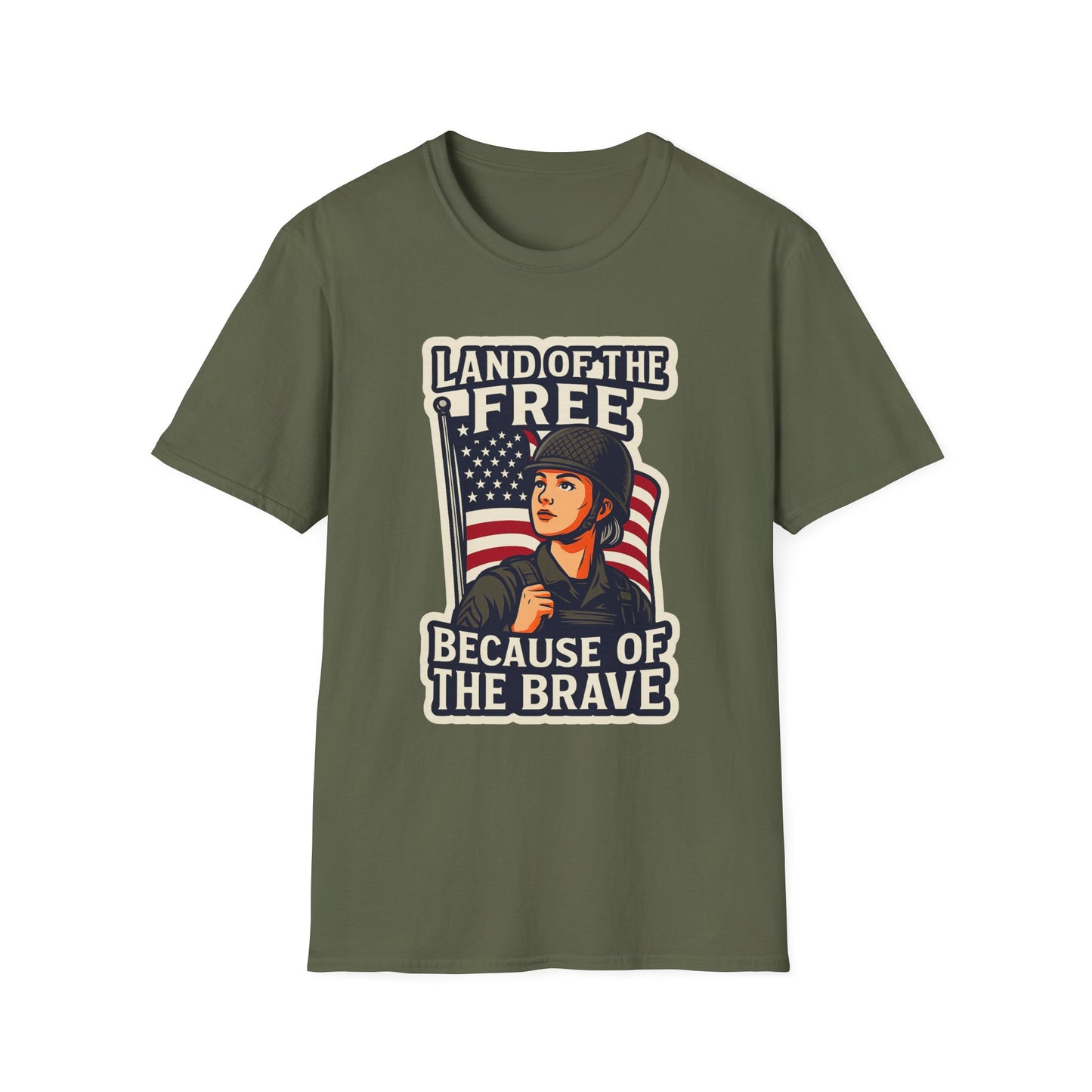 "Land of the Free because of the Brave" Patriotic Softstyle T-Shirt (Female Soldier)