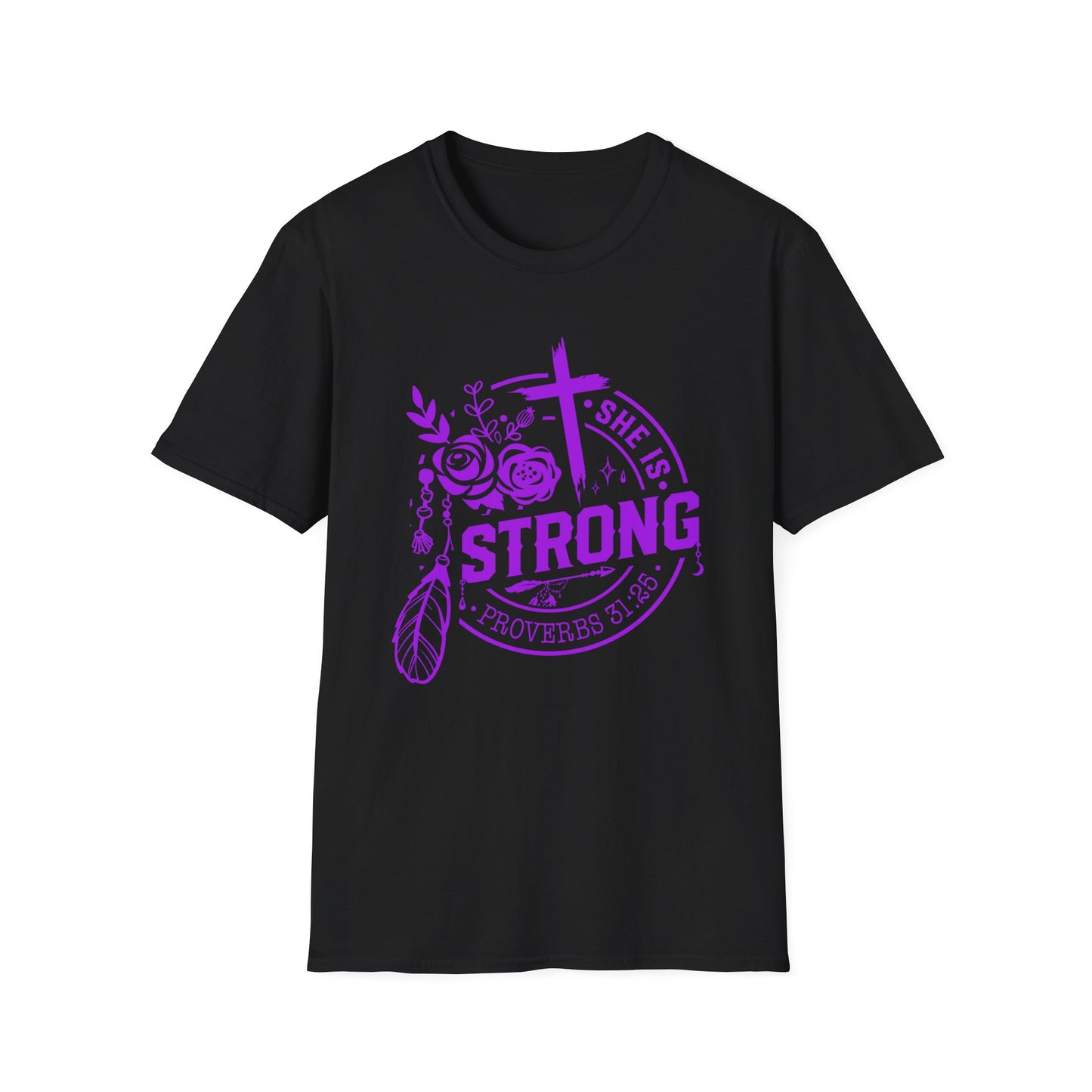 "She is Strong" Proverbs 31:25 Bible Verse Relaxed Tshirt (Hot Pink Logo)