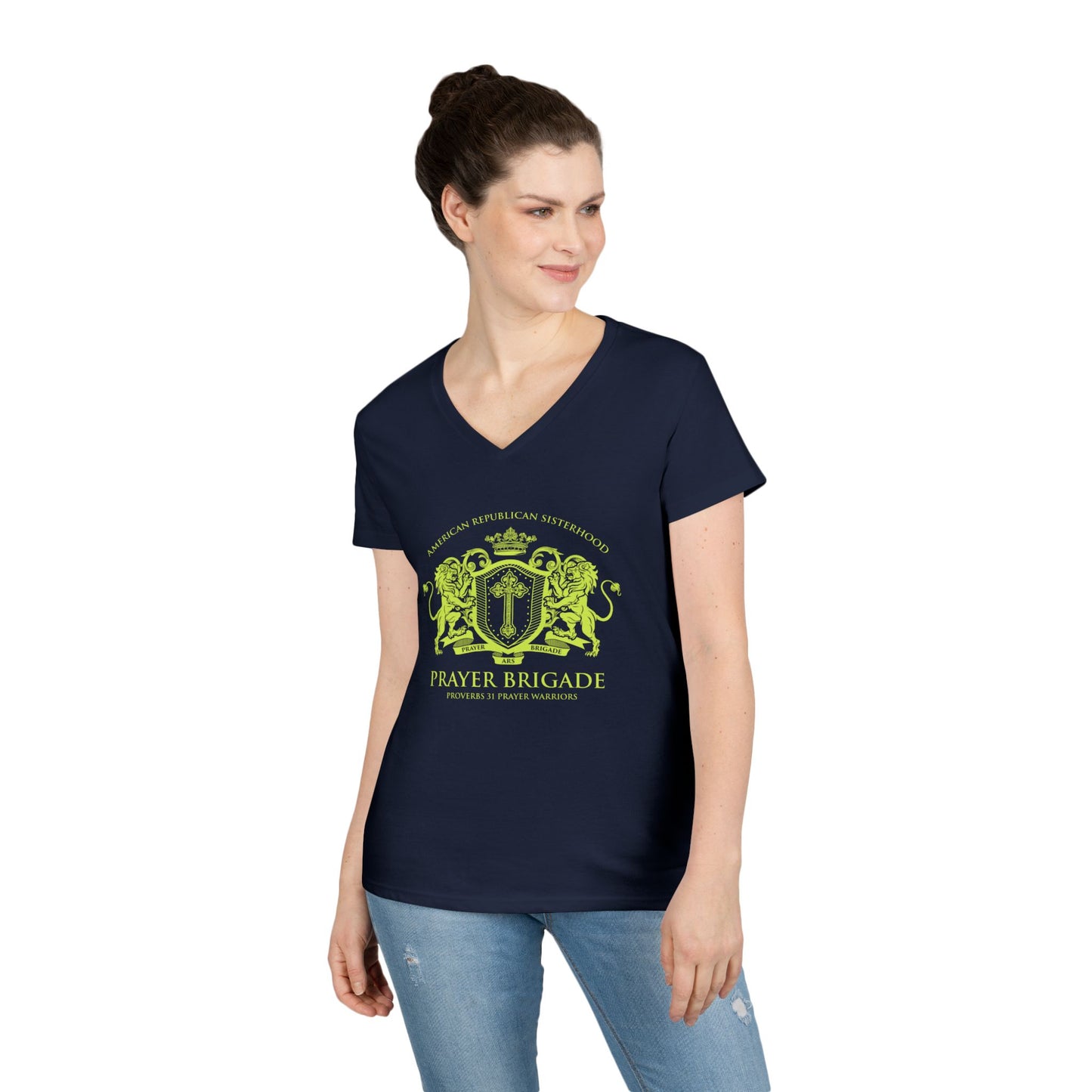 ARS Prayer Brigade Ladies' V-Neck T-Shirt (Chartreuse Logo)
