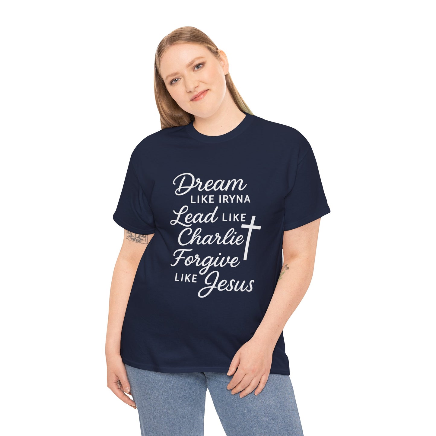 Dream, Lead, Forgive Women's Relaxed Heavy Cotton Tshirt (White Logo)
