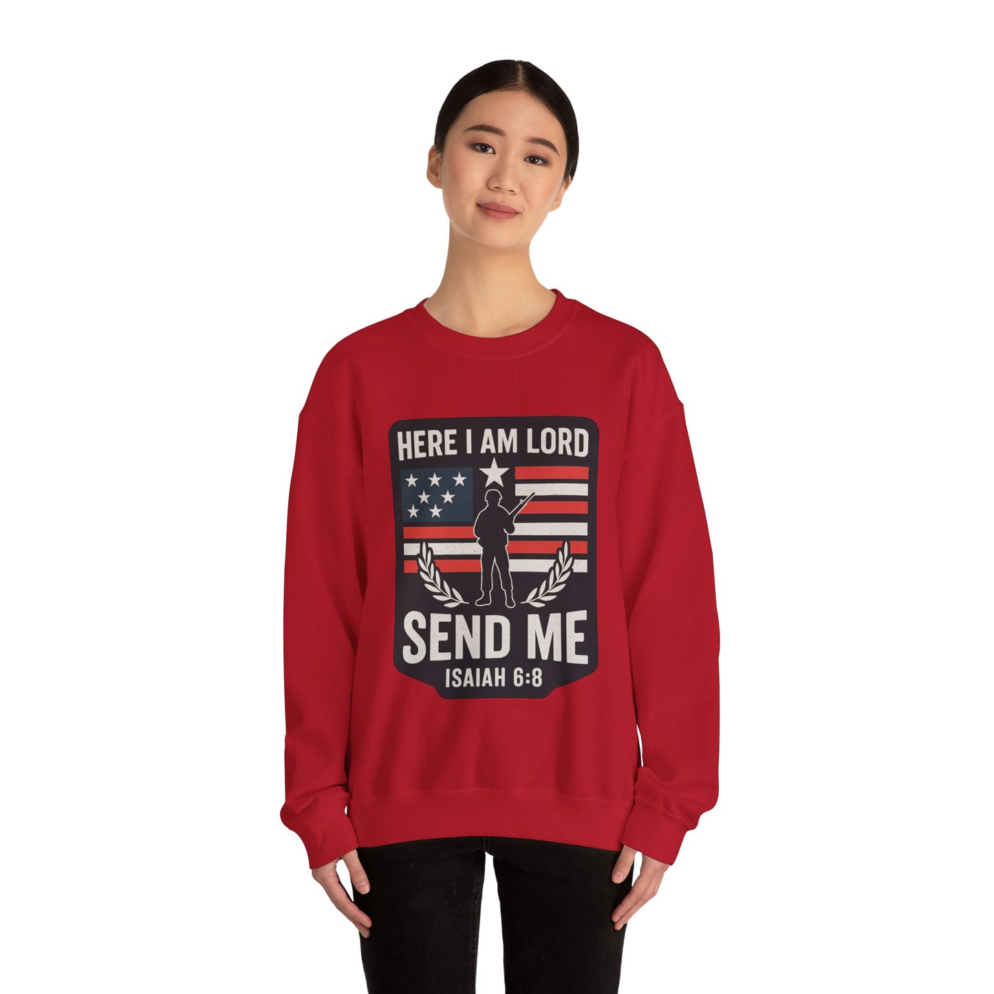 "Here I Am Lord" Isaiah 6:8 Bible Verse Christian Sweatshirt (Soldier Logo)