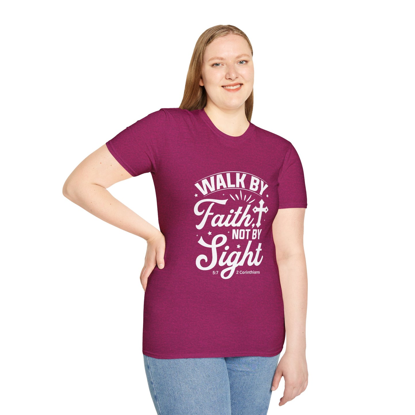 Walk by Faith 2 Corinth. 5:7 Bible Verse Christian Softstyle Tshirt (White Logo)