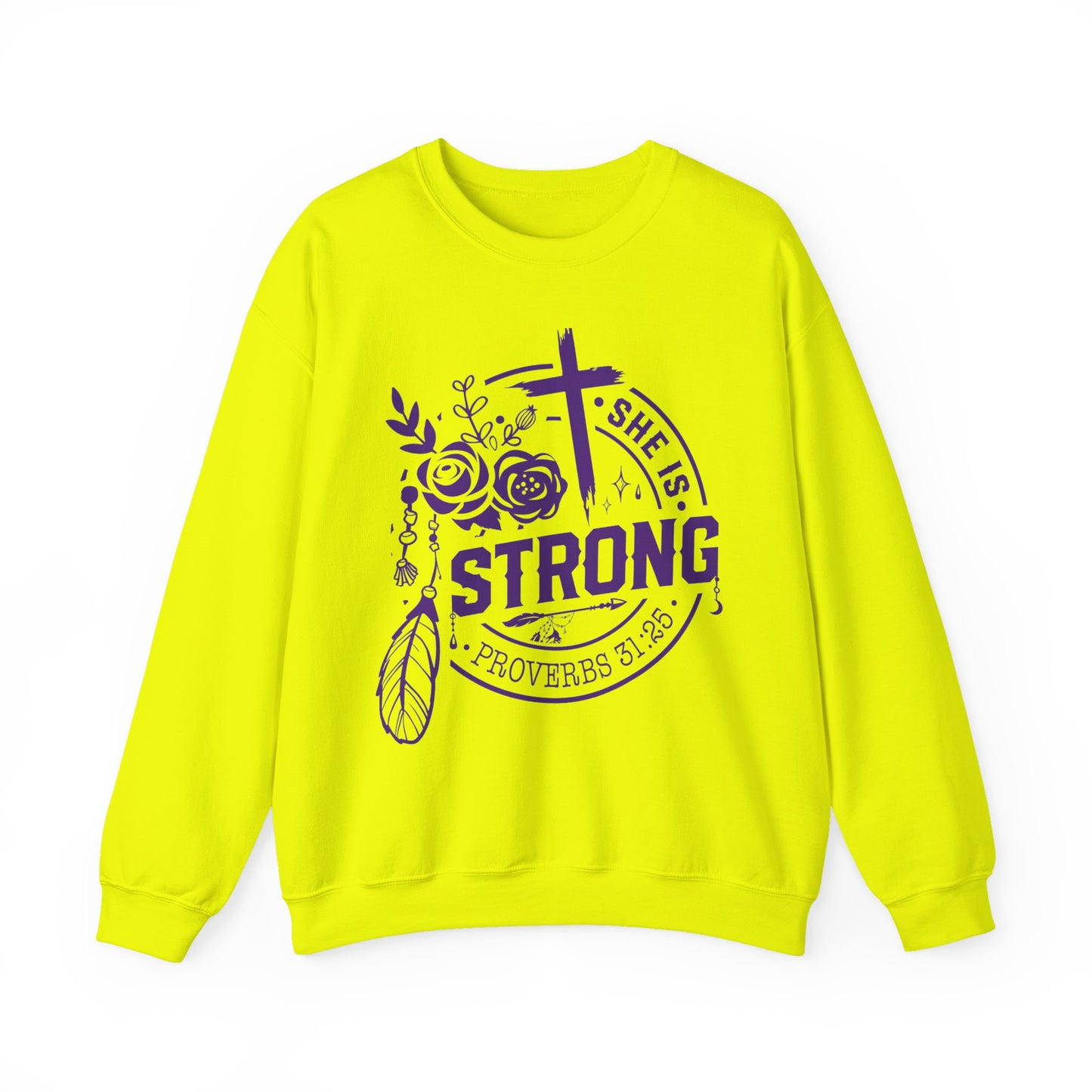 "She is Strong" Proverbs 31:25 Bible Verse Women's Sweatshirt (Plum Logo)