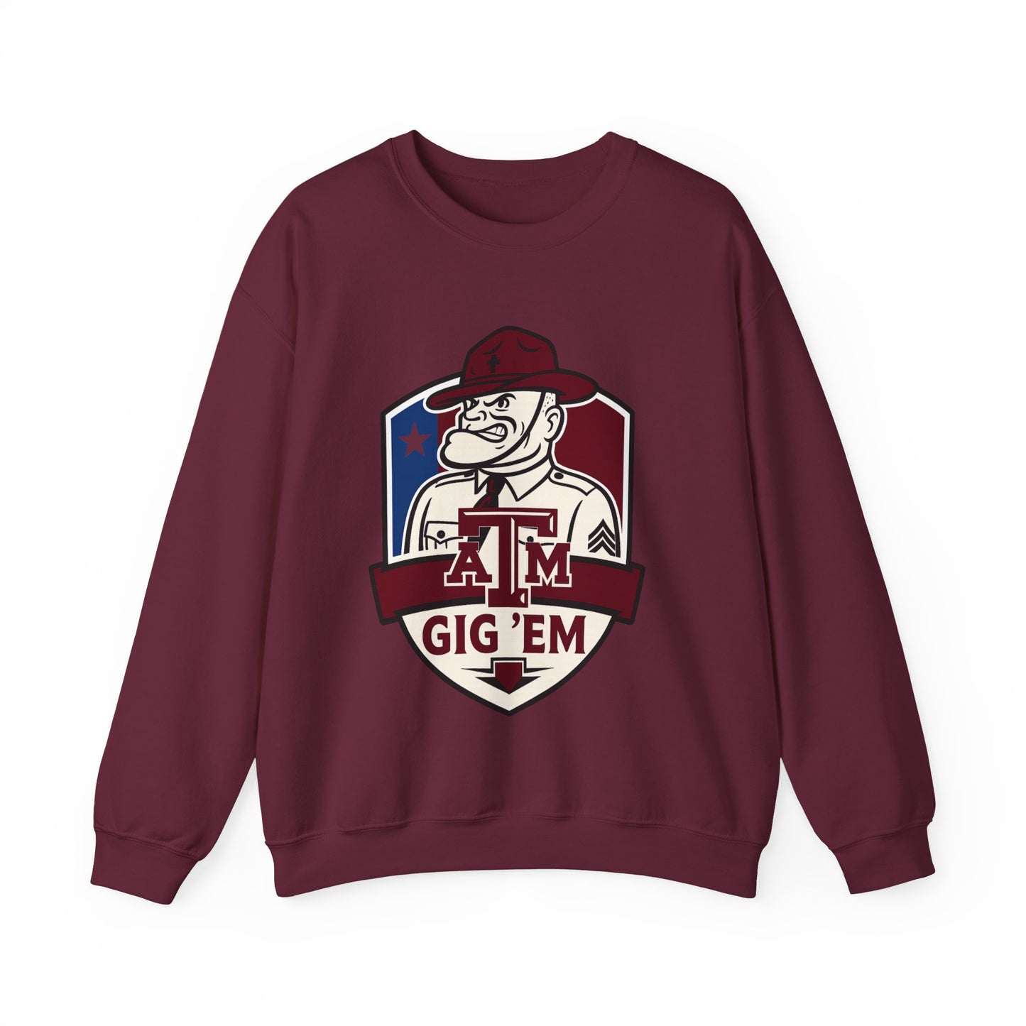 Gig 'Em Aggies Old Sarge Crest Texas A&M Soft Cozy Sweatshirt (Texas Flag Logo 2)