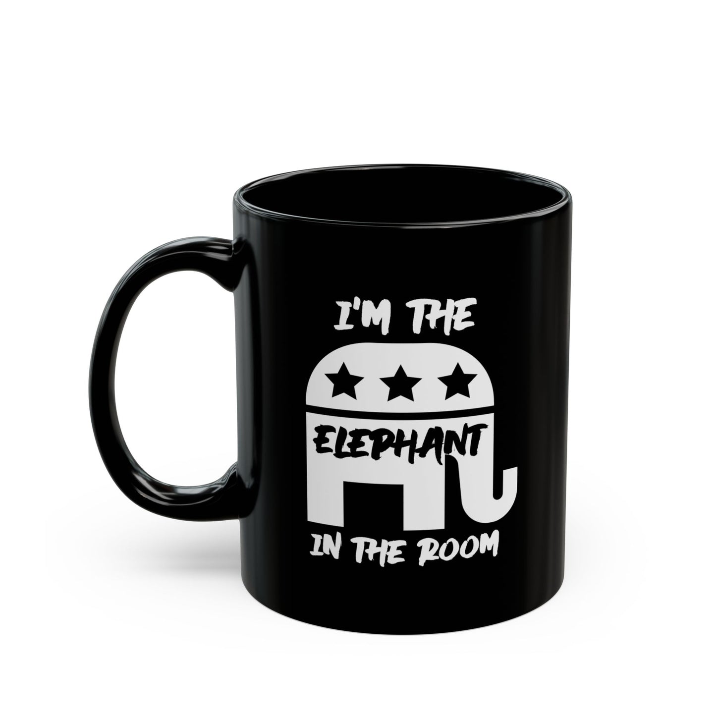 Elephant in Room Black Mug (White Logo)