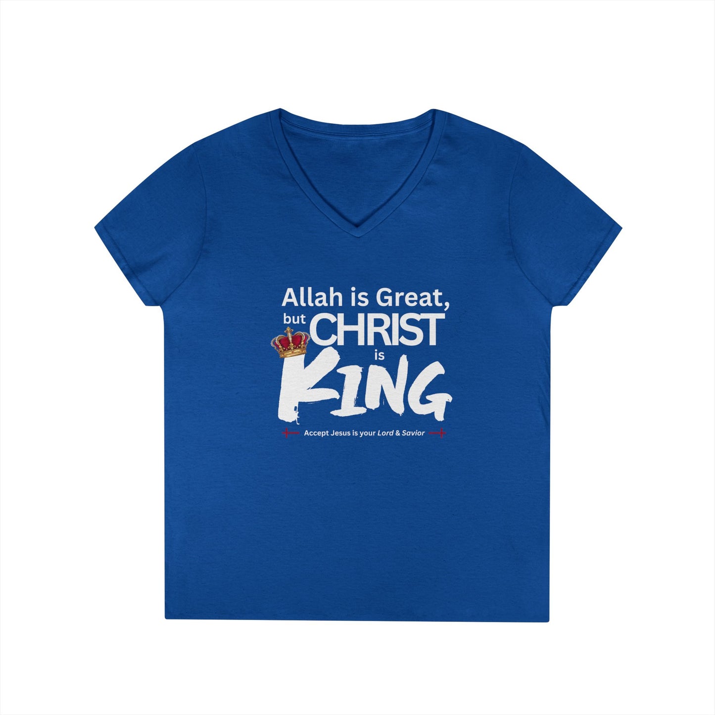"Christ is King" Women's V-Neck Tshirt (Great Logo - White) - Sweet Baby Jeez Teez