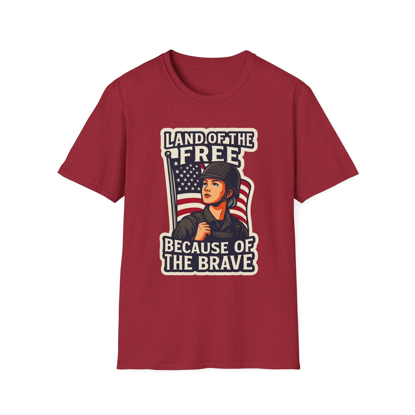 "Land of the Free because of the Brave" Patriotic Softstyle T-Shirt (Female Soldier)