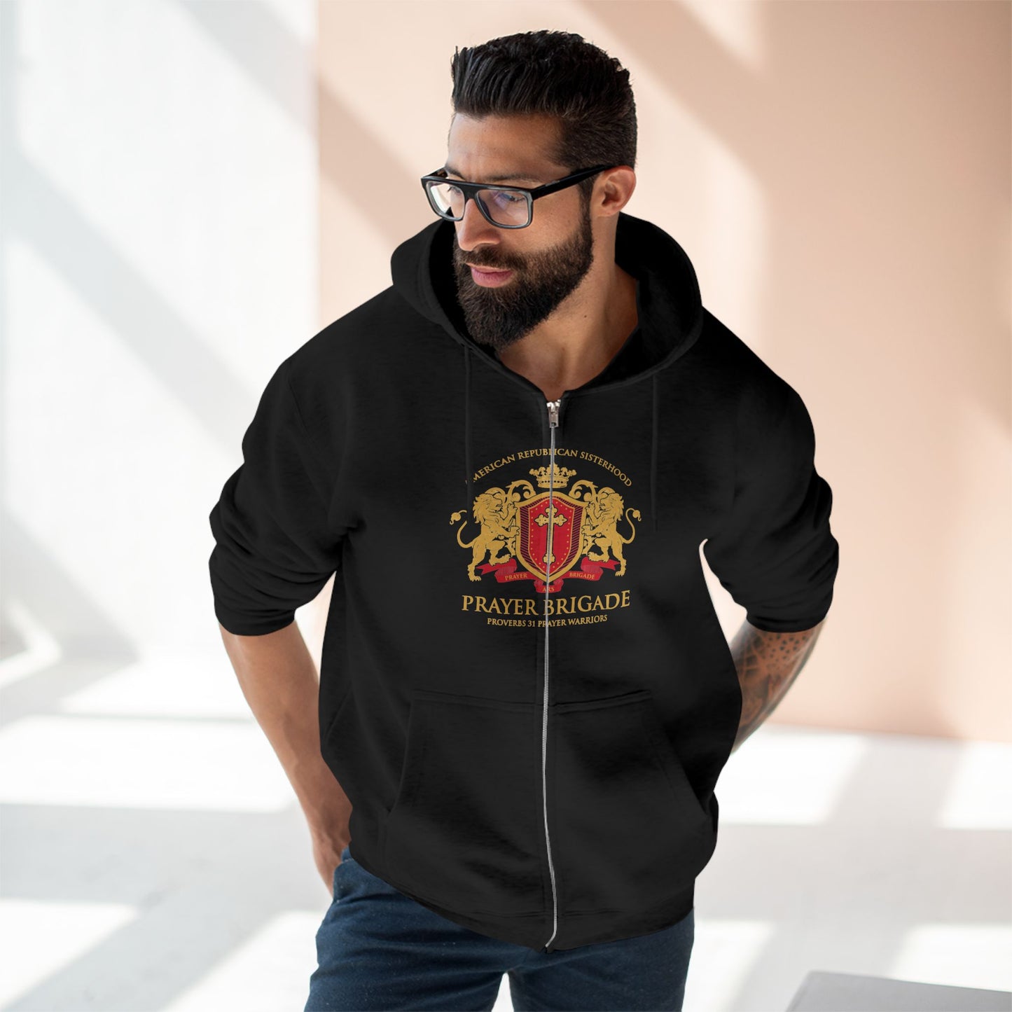 ARS Prayer Brigade Unisex Zip Hoodie (Black with Gold/Red Logo)