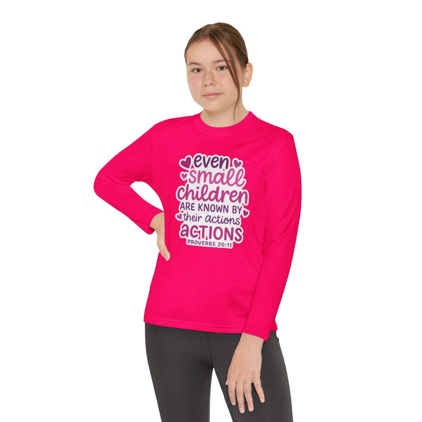 "Even Small Children" Proverbs 20:11 Girl's Bible Verse Long Sleeve Tshirt (Pink Logo)