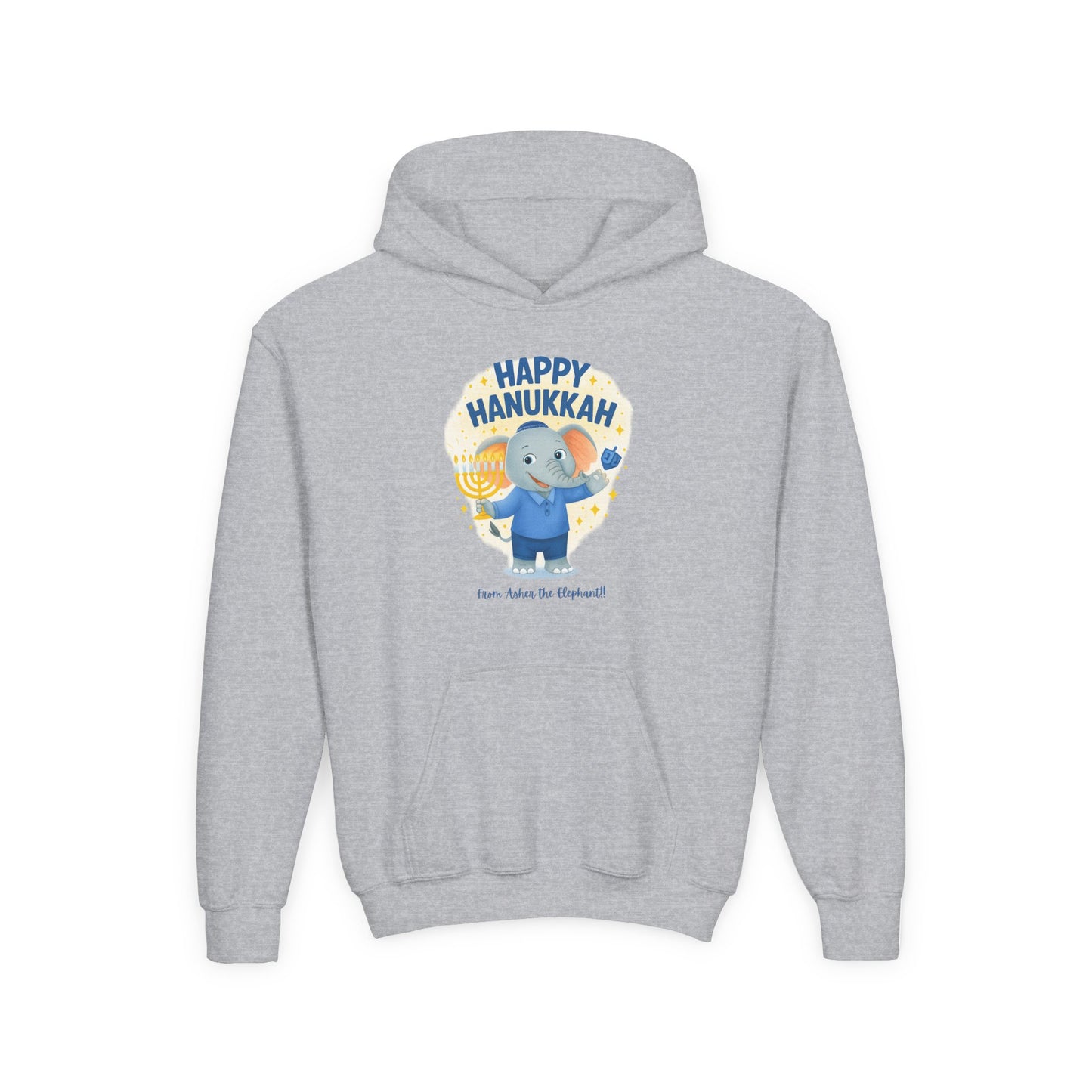 Happy Hanukkah Asher the Elephant Kids Hoodie (Standing Logo)