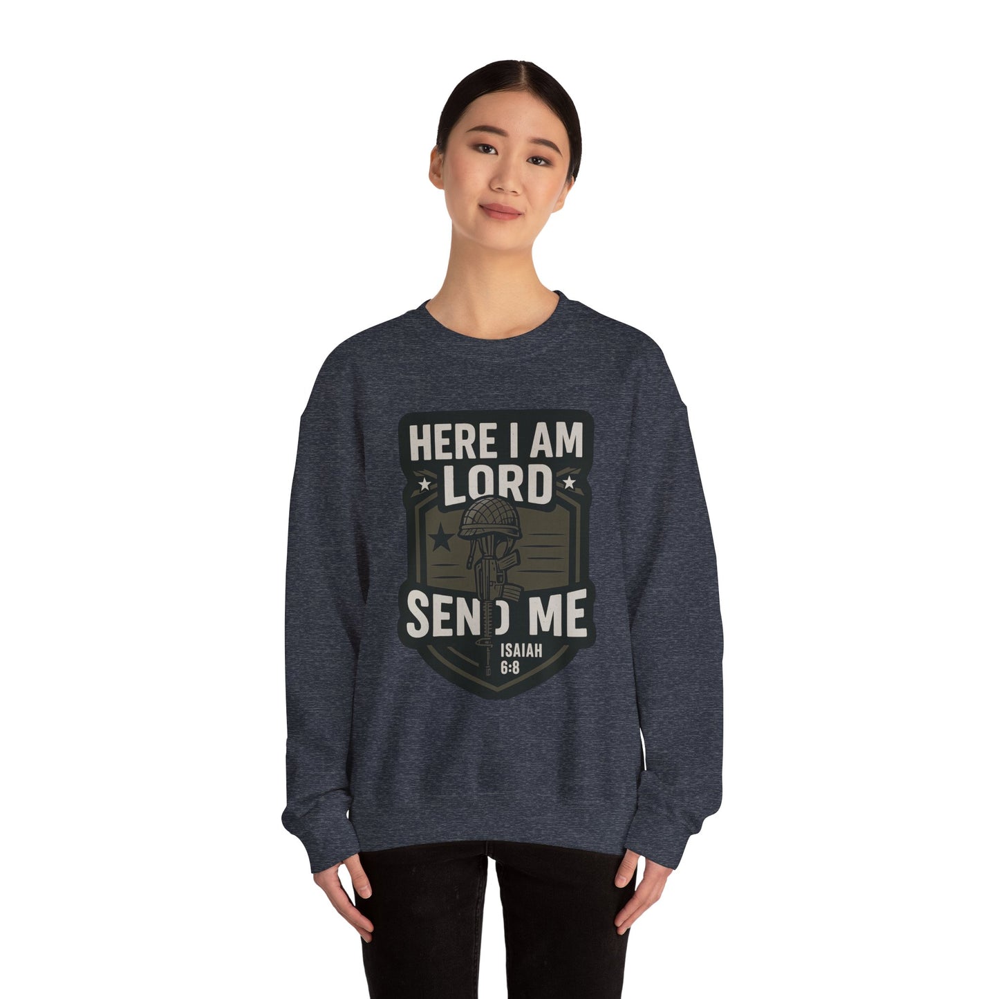 "Here I Am Lord Send Me" Bible Verse Inspirational Faith Sweatshirt (Military Logo)