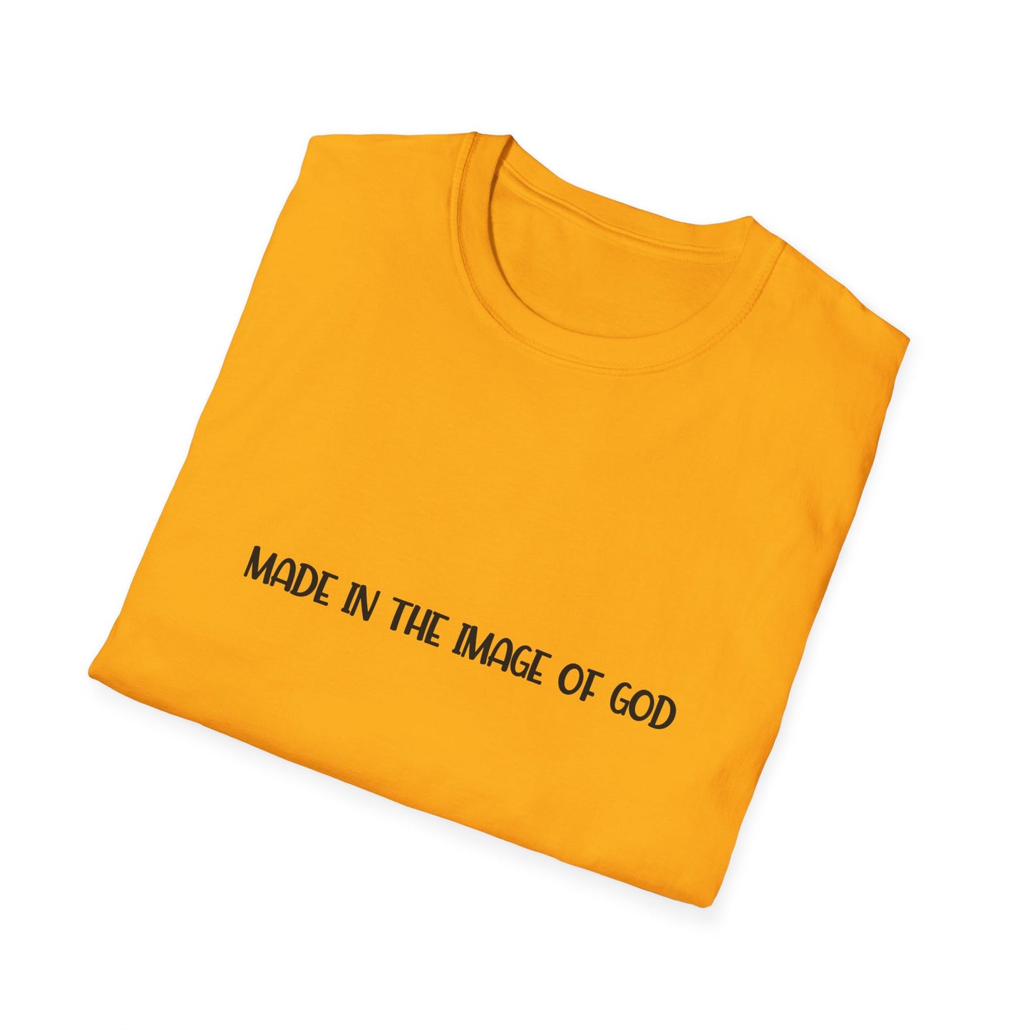 "Made in the Image of God" Christian Inspirational Softstyle Tshirt (FP Black Logo)