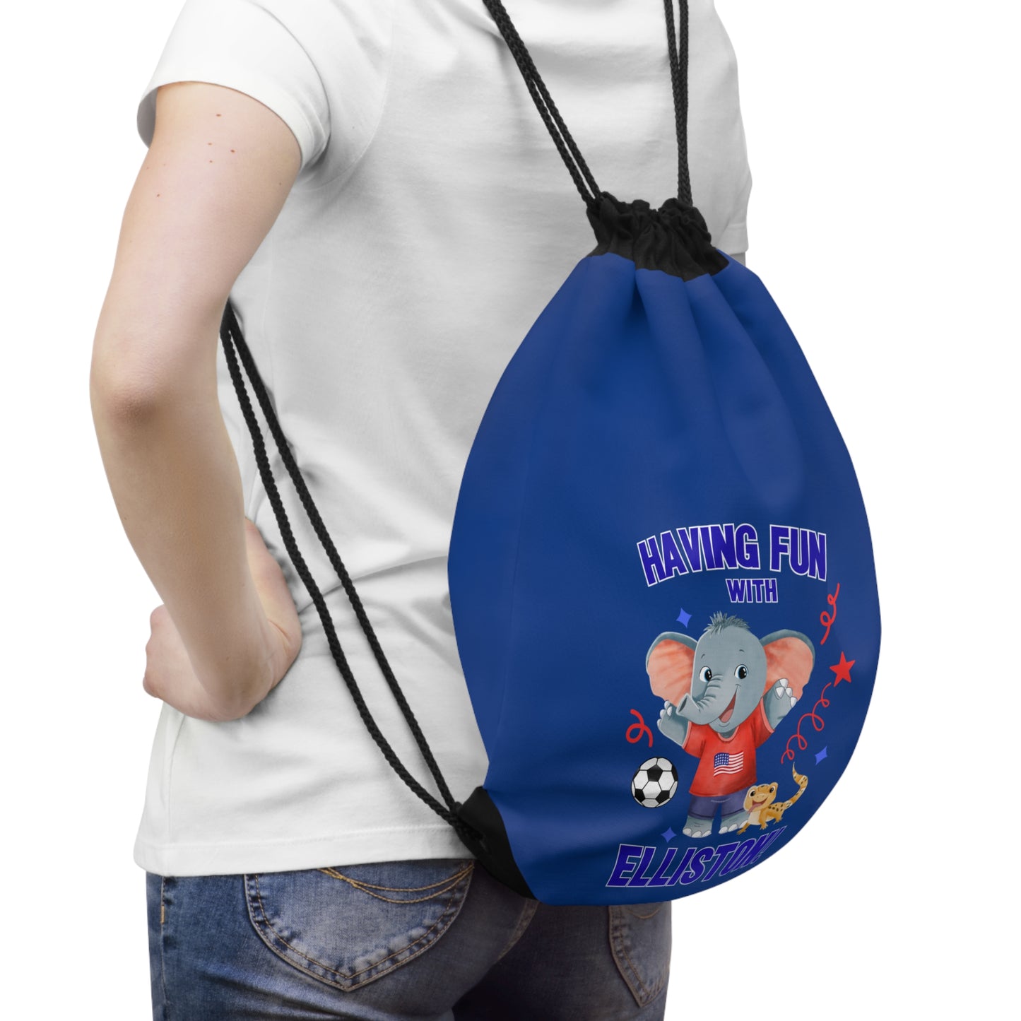Elliston the Elephant (TM), Having Fun with Elliston Drawstring Bag (Dark Blue)