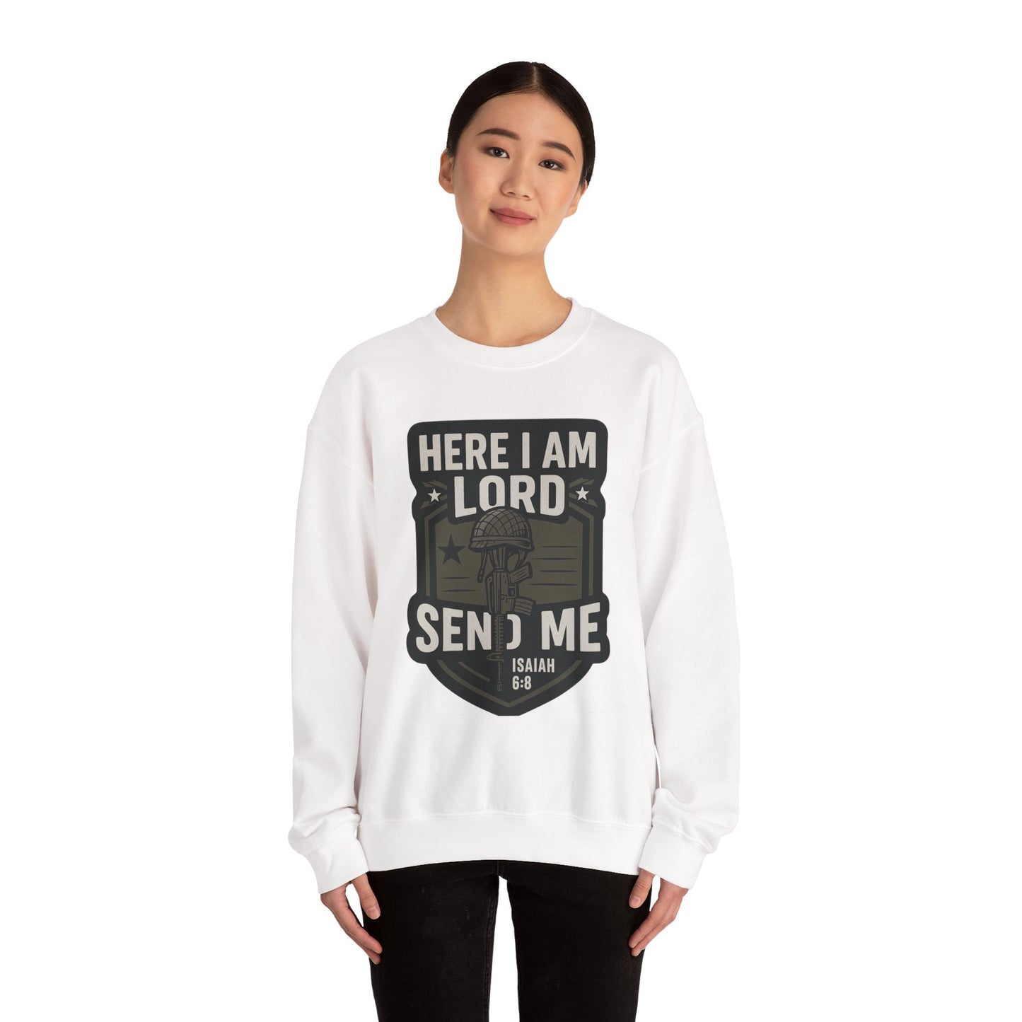 "Here I Am Lord Send Me" Bible Verse Inspirational Faith Sweatshirt (Military Logo)