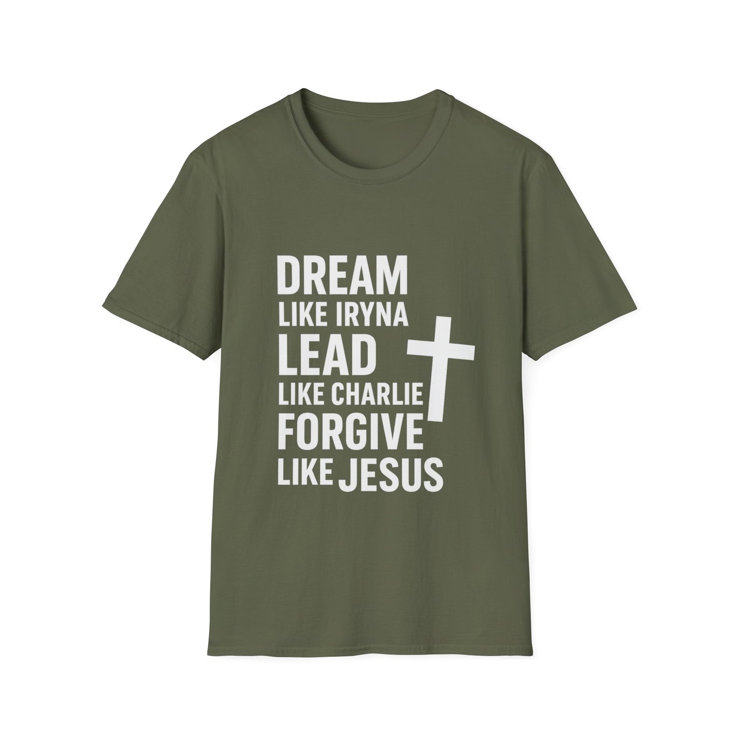 Dream, Lead, Forgive Men's Unisex Softstyle Tshirt (White Logo)