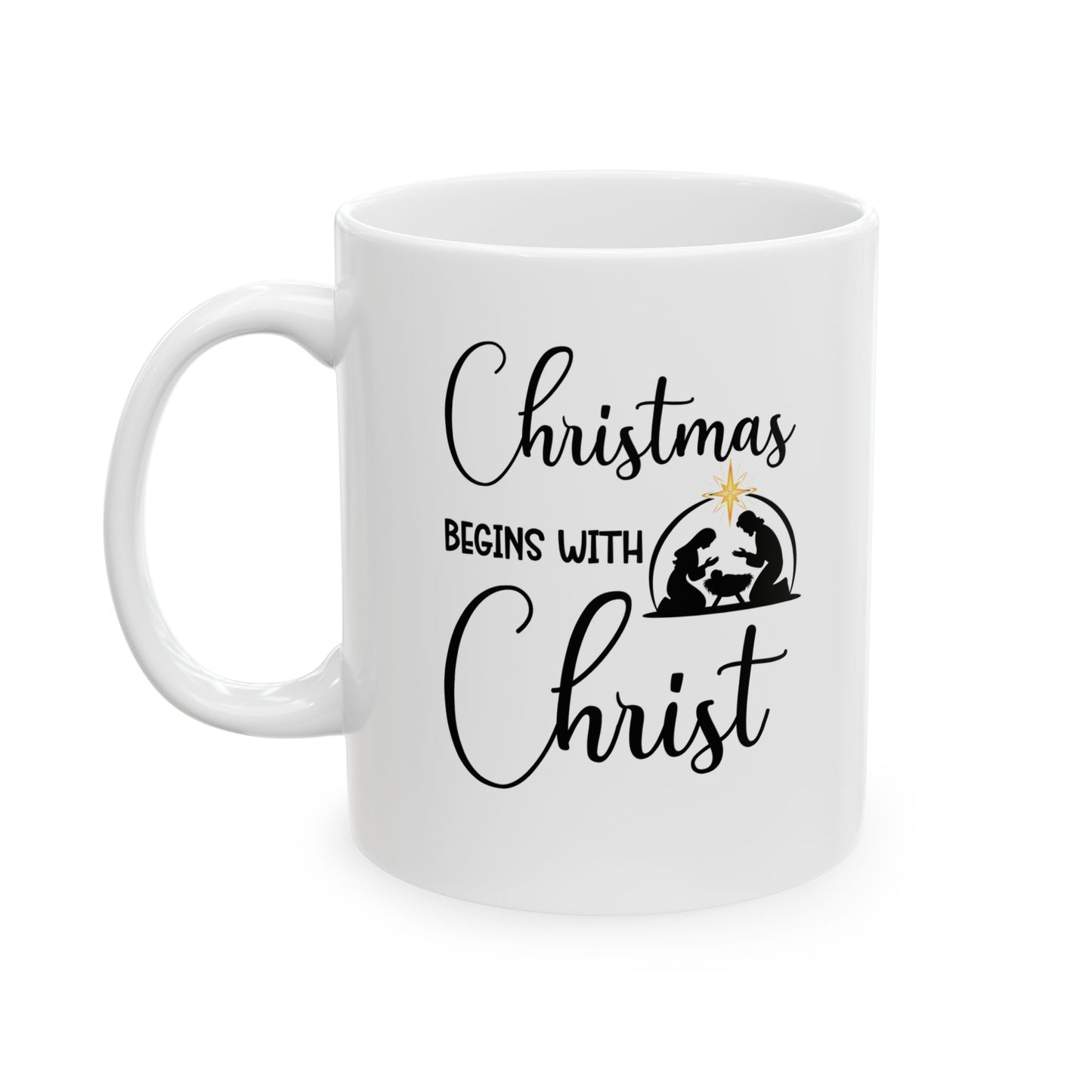 Christmas Begins with Christ Ceramic Mug (Black/Gold Logo) - Sweet Baby Jeez Teez