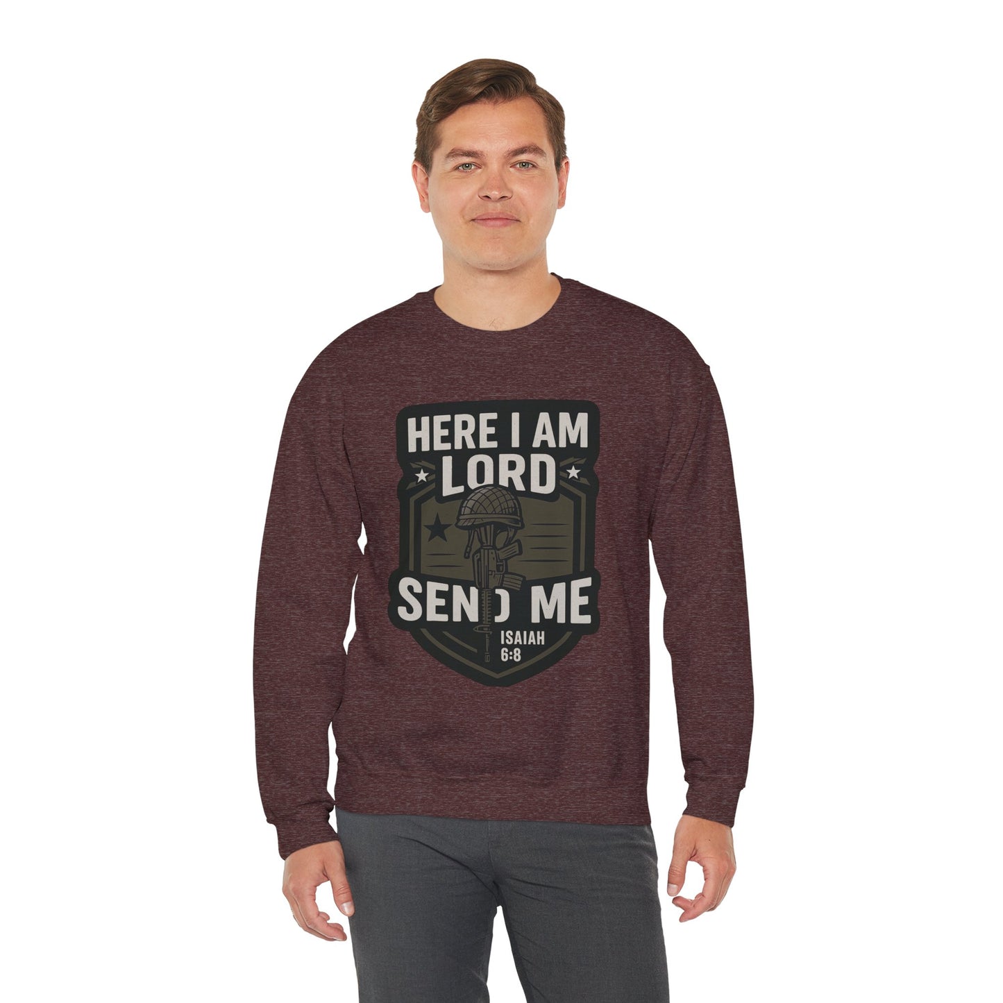 "Here I Am Lord Send Me" Bible Verse Inspirational Faith Sweatshirt (Military Logo)