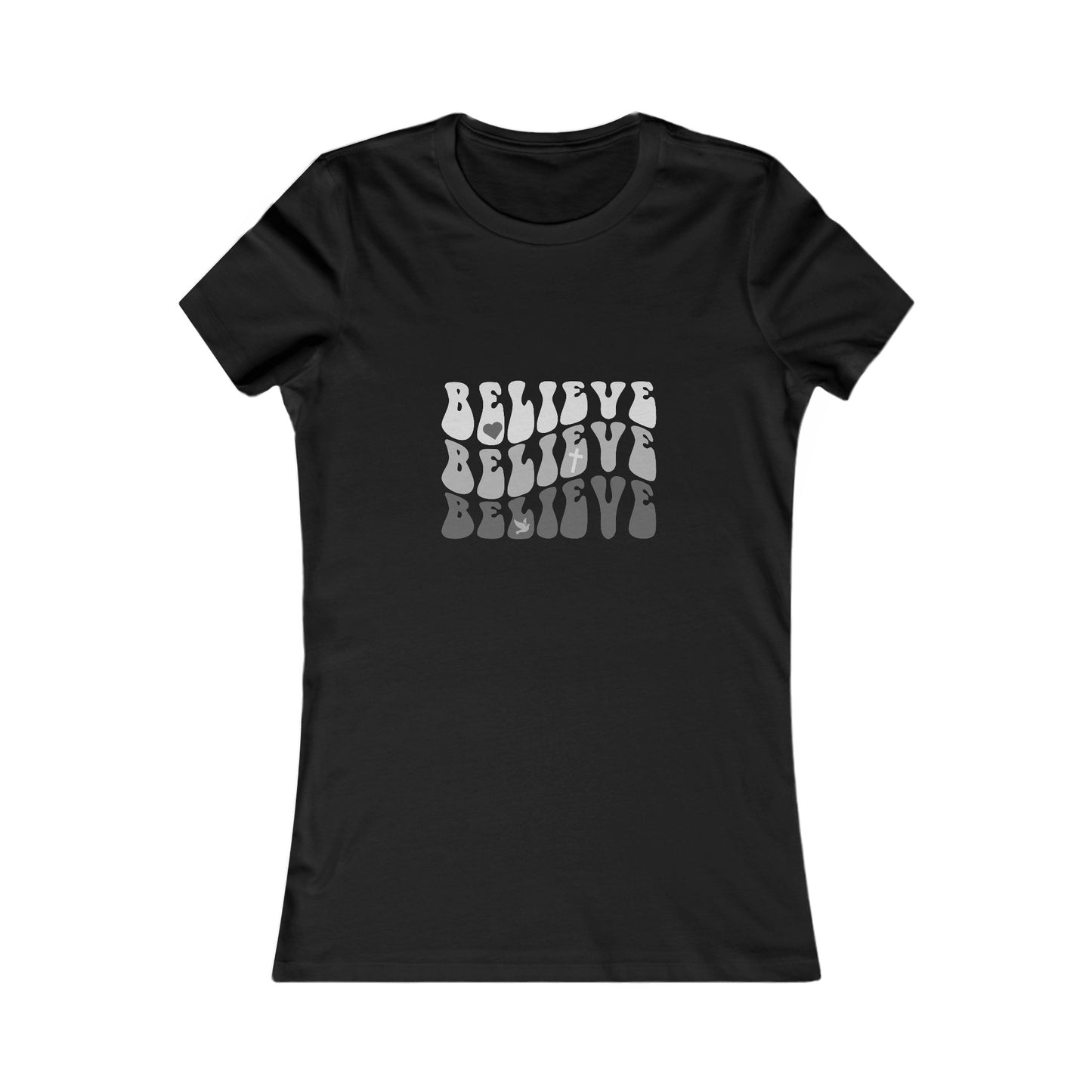 Believe Womens Fitted Tshirt (Grayscale Logo) - Sweet Baby Jeez Teez
