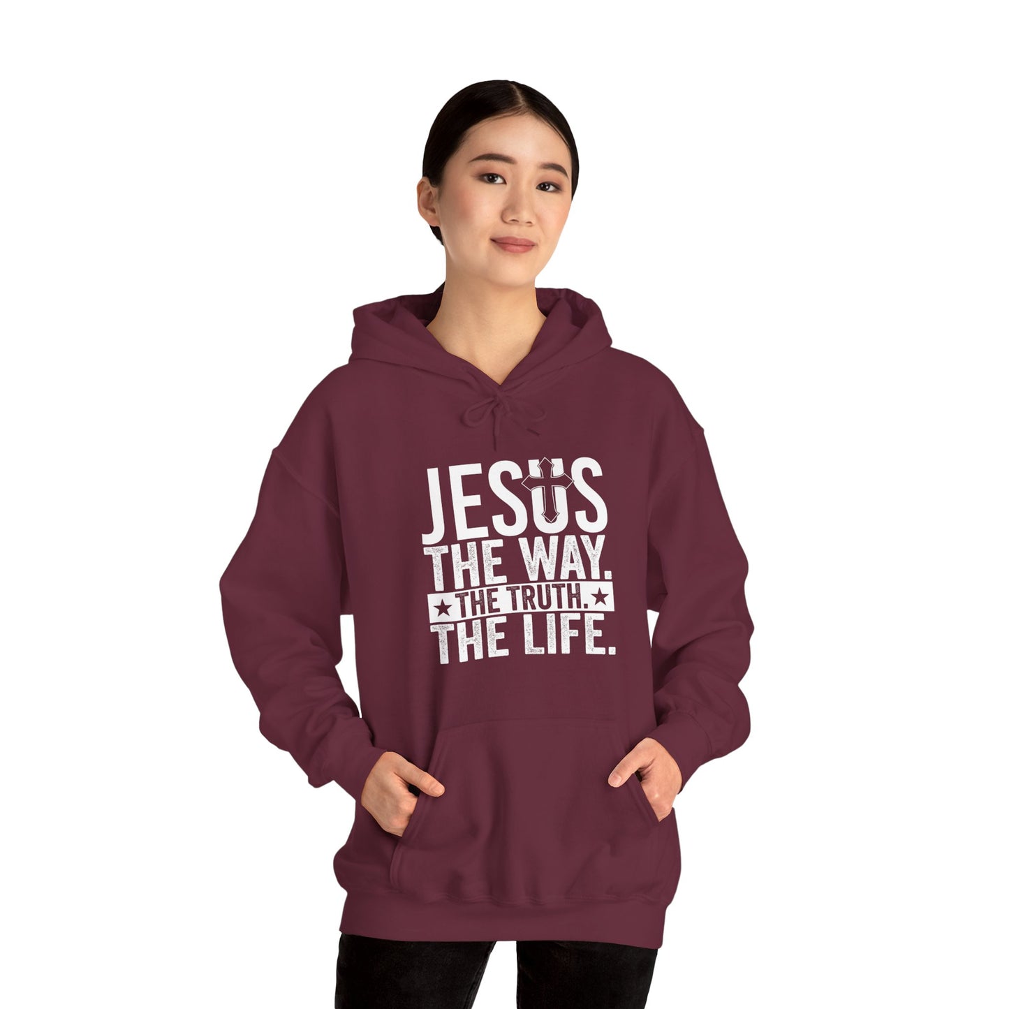 "Jesus The Way, The Truth, The Life" Heavy Fleece Unisex Hoodie (White Logo)