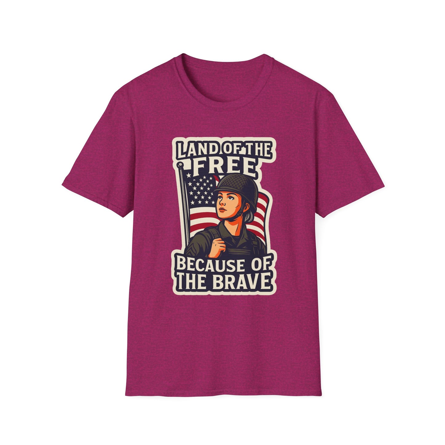 "Land of the Free because of the Brave" Patriotic Softstyle T-Shirt (Female Soldier)