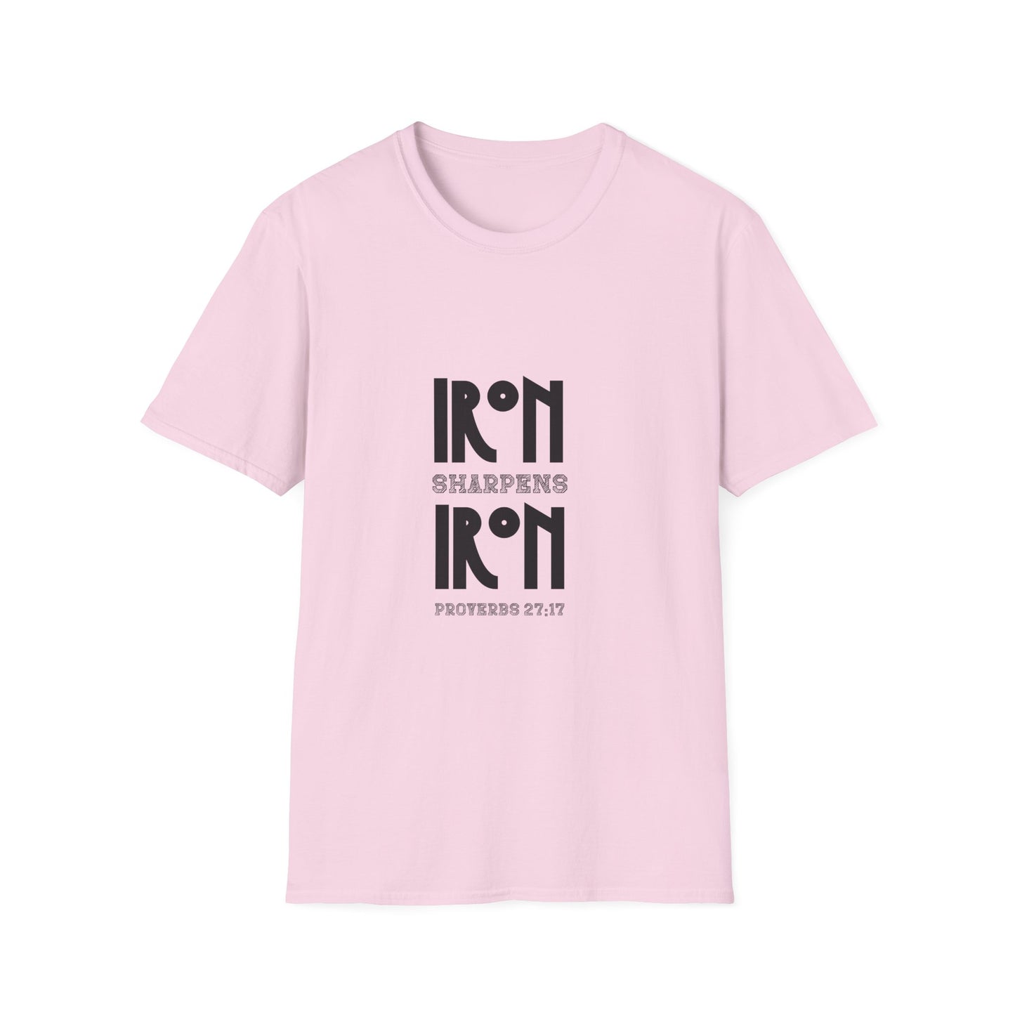 "Iron Sharpens Iron" Bible Verse Christian Inspirational Softstyle Tshirt (Black Logo)