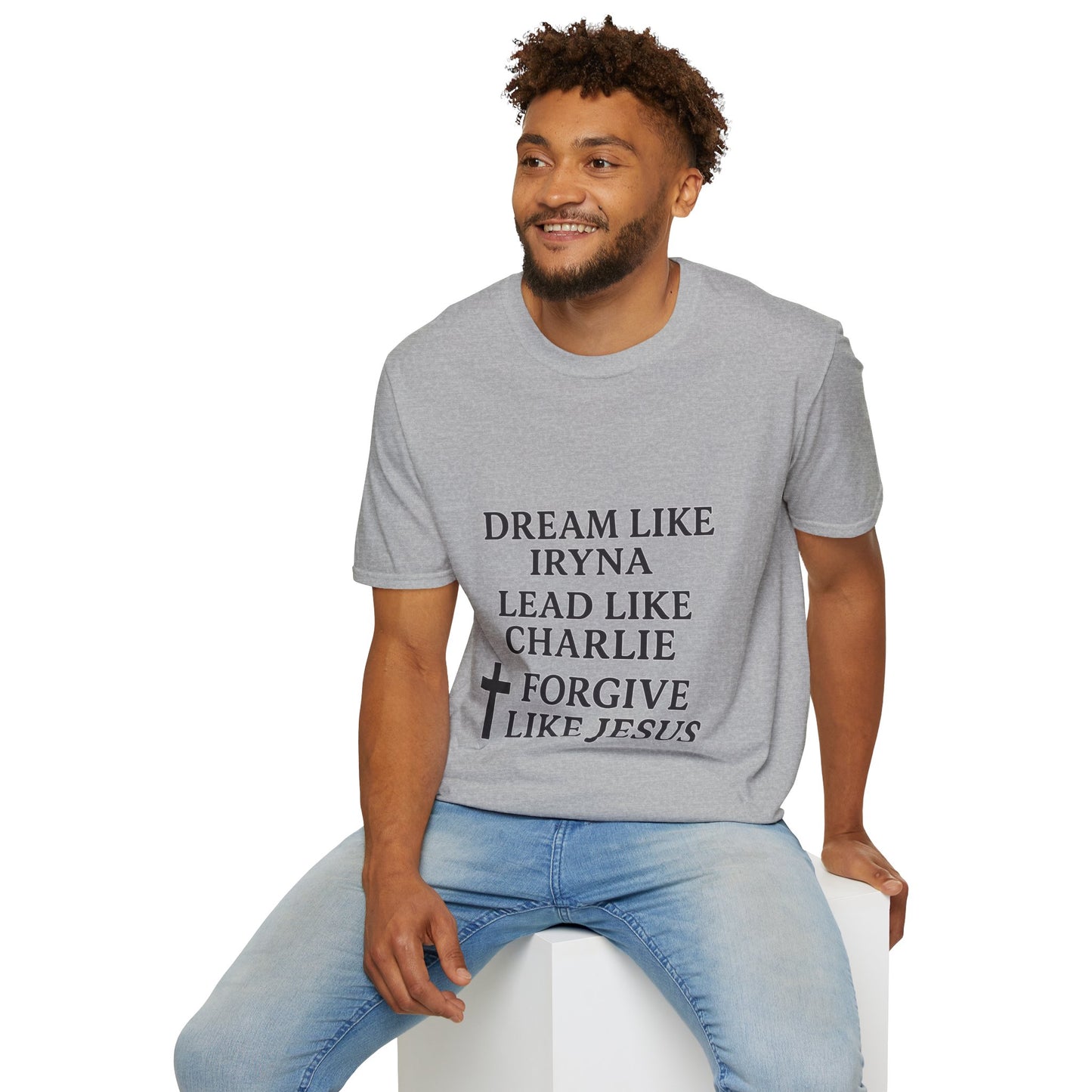 Dream, Lead, Forgive Men's Unisex Softstyle Tshirt (Black Logo)