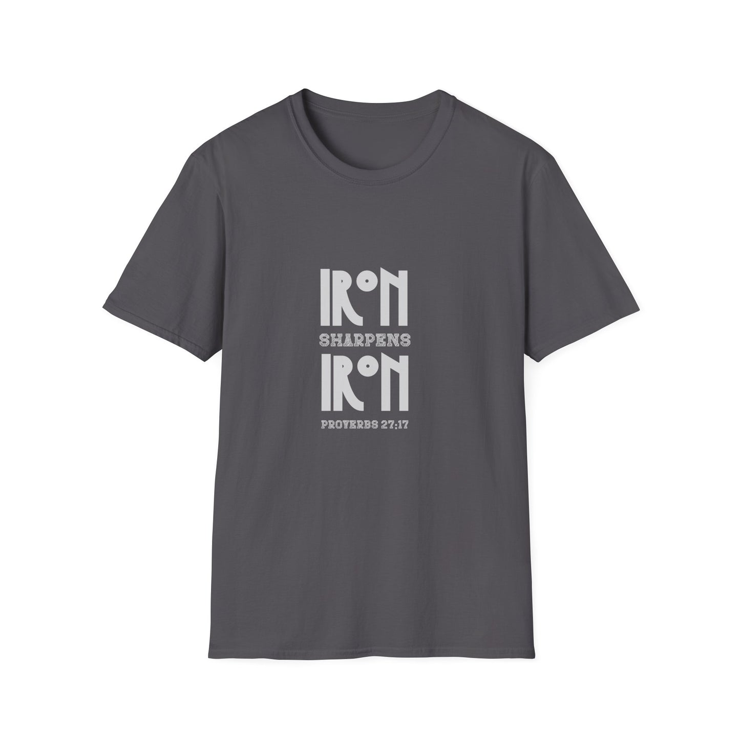 "Iron Sharpens Iron" Bible Verse Christian Inspirational Softstyle Tshirt (Gray Logo)