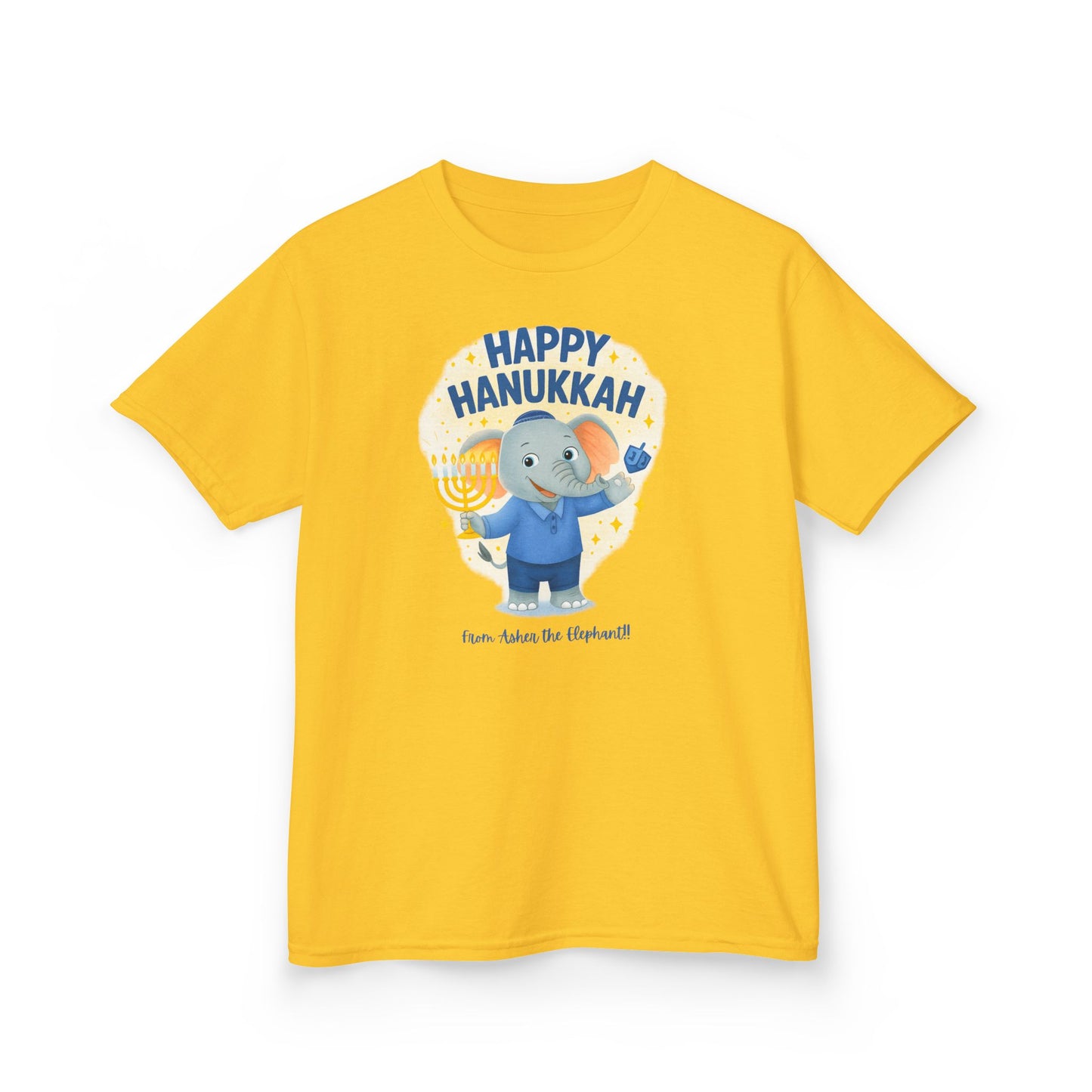 Happy Hanukkah Asher the Elephant Kids Tshirt (Standing Logo)