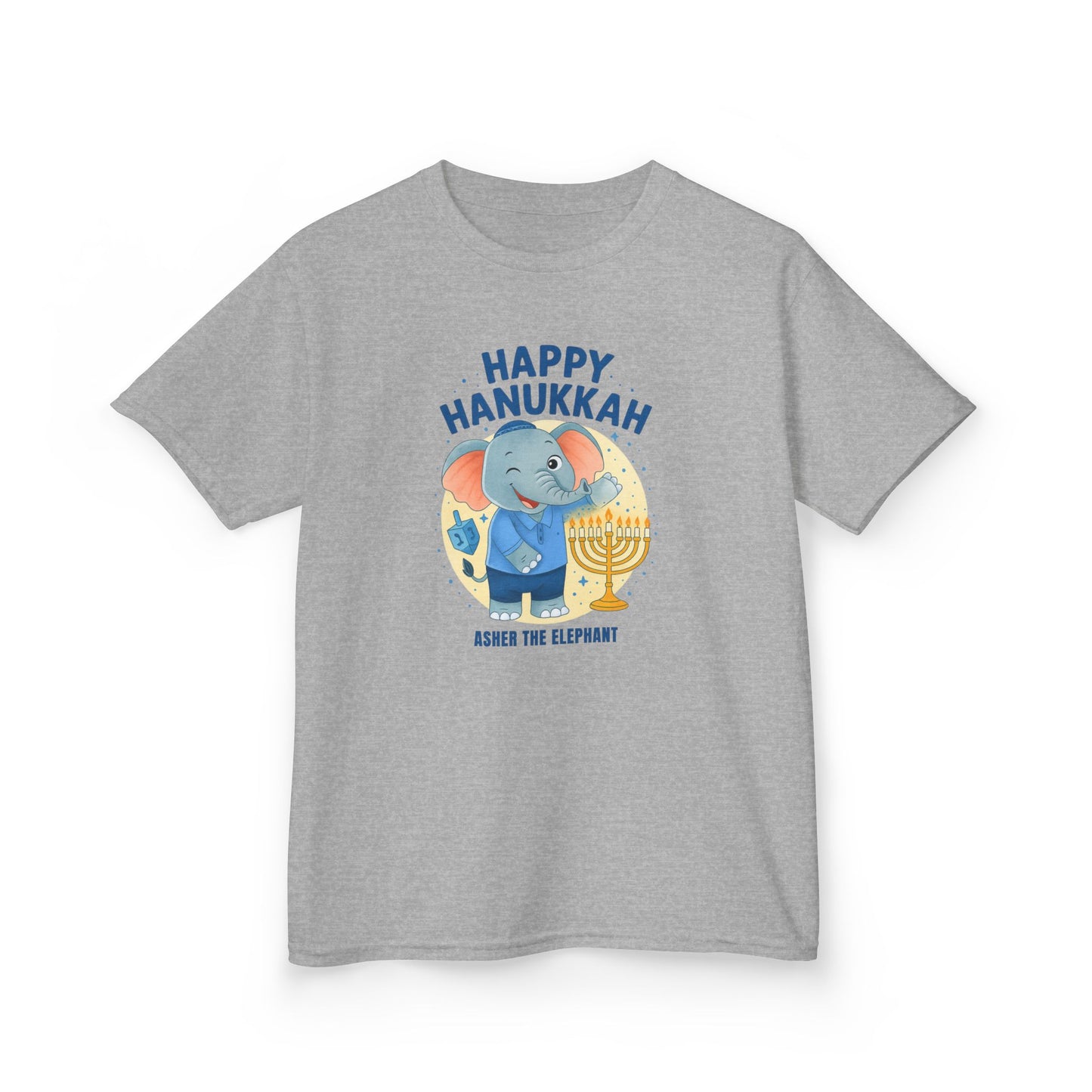 Happy Hanukkah Asher the Elephant Kids Tshirt (Wink Logo)