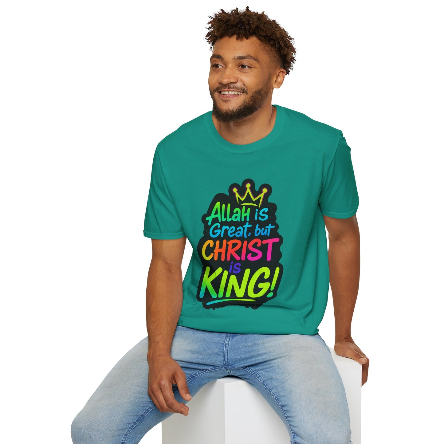 "Allah is Great but Christ is King!" Unisex Softstyle Tshirt