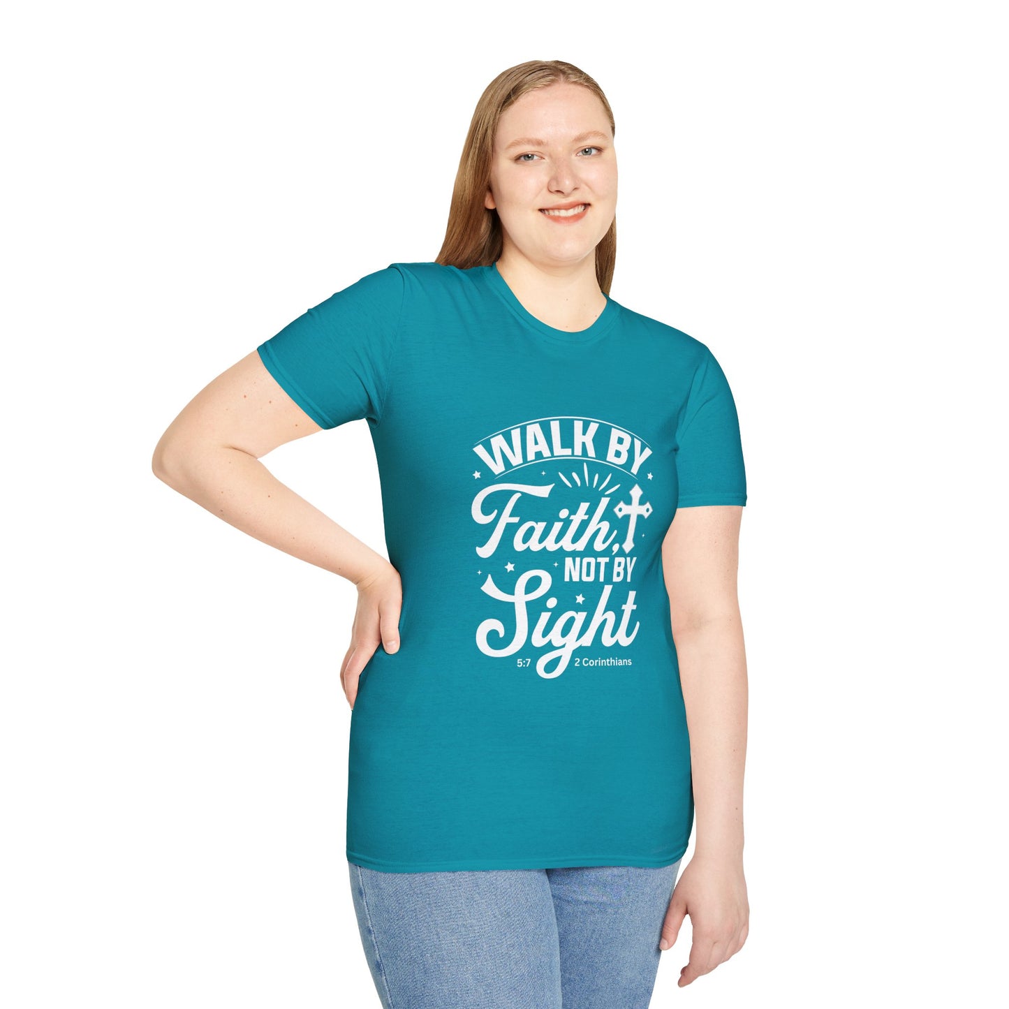 Walk by Faith 2 Corinth. 5:7 Bible Verse Christian Softstyle Tshirt (White Logo)