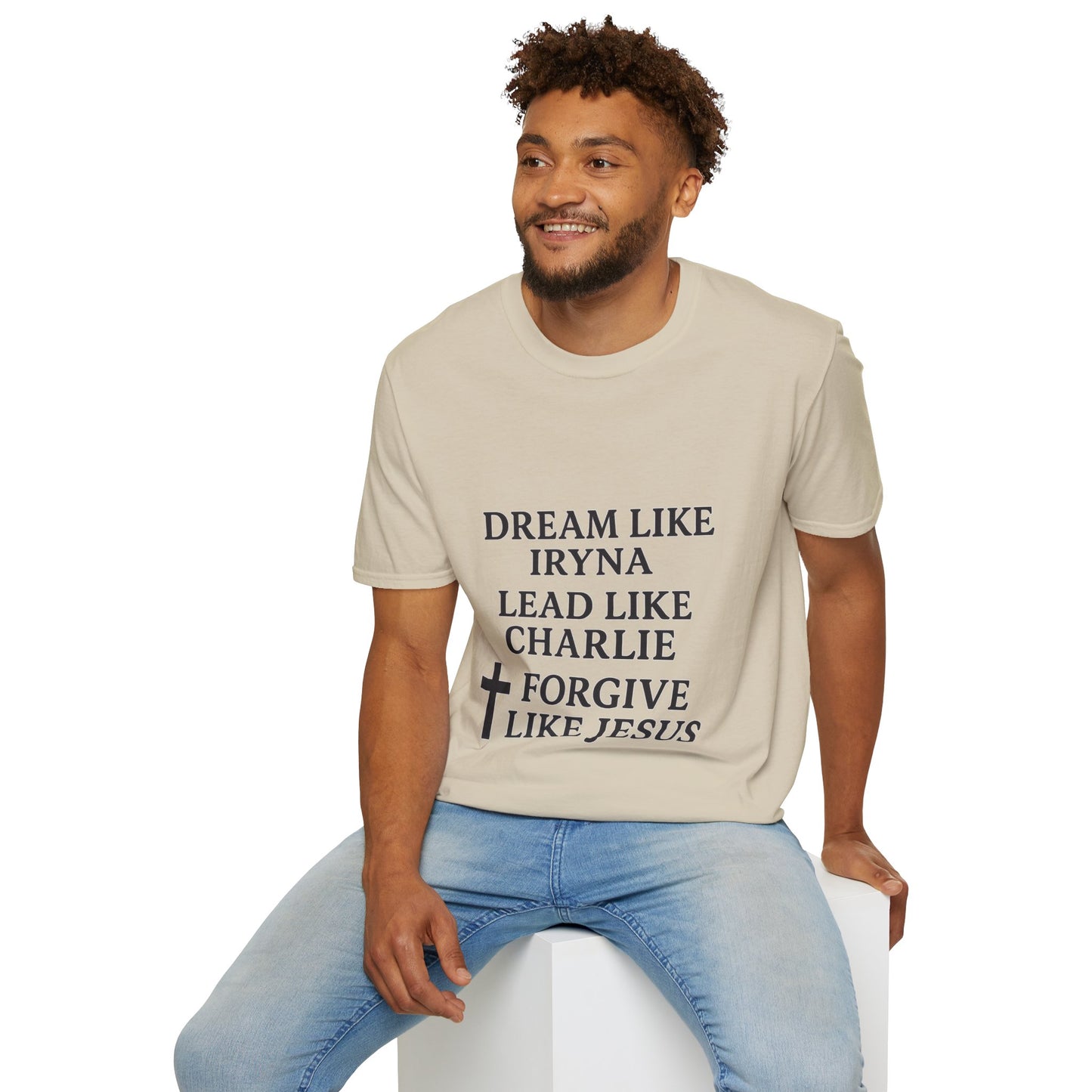 Dream, Lead, Forgive Men's Unisex Softstyle Tshirt (Black Logo)