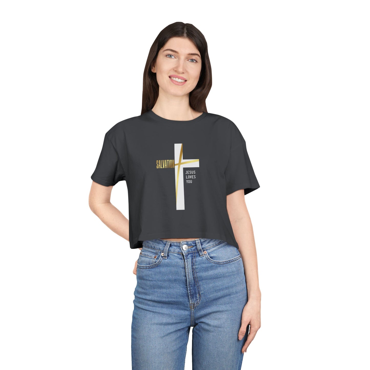 Salvation/Jesus Loves You Faith-Inspired Women's Crop T-Shirt - Sweet Baby Jeez Teez