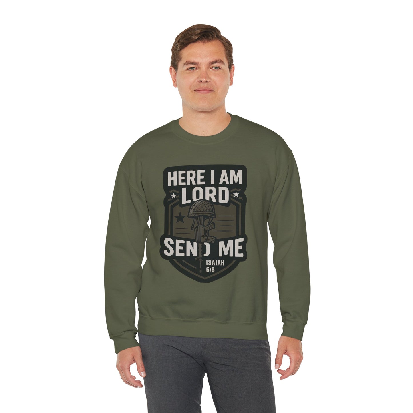 "Here I Am Lord Send Me" Bible Verse Inspirational Faith Sweatshirt (Military Logo)
