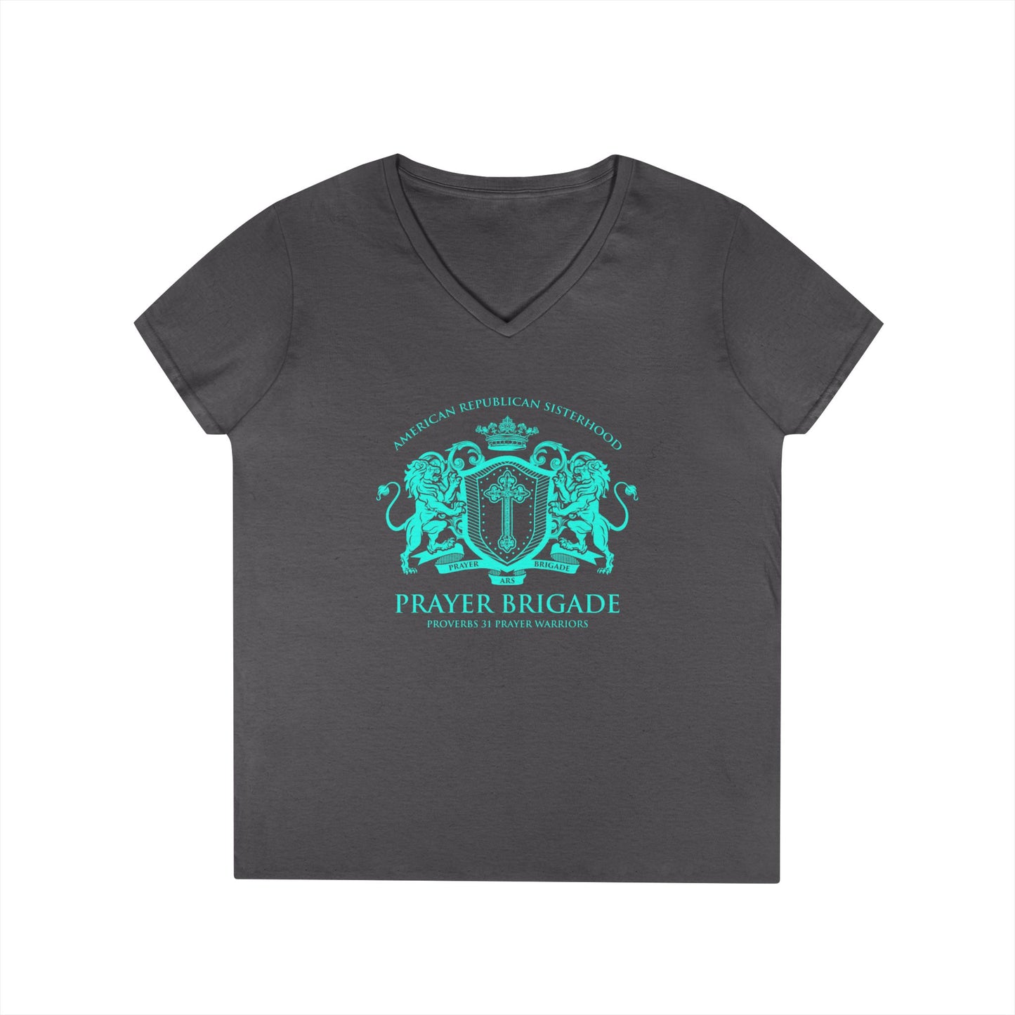ARS Prayer Brigade Ladies' V-Neck T-Shirt (Purple with Aqua Logo)