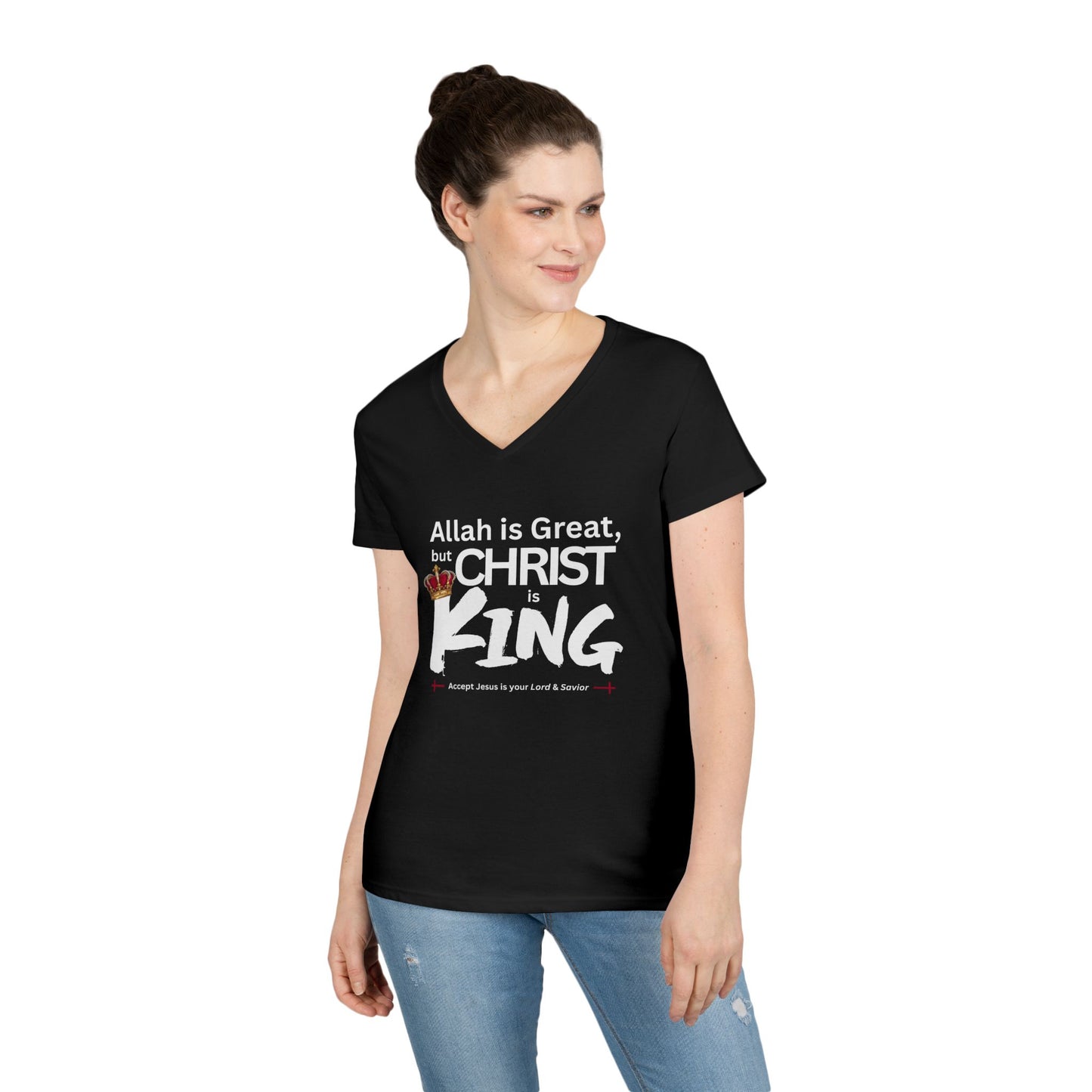 "Christ is King" Women's V-Neck Tshirt (Great Logo - White) - Sweet Baby Jeez Teez