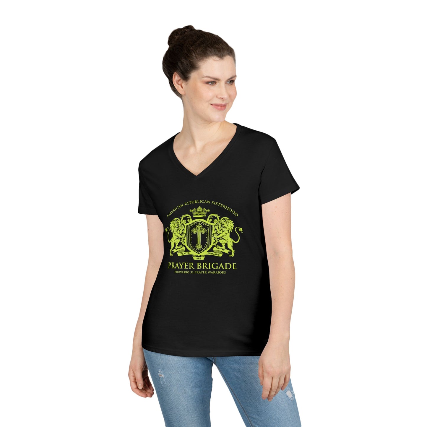 ARS Prayer Brigade Ladies' V-Neck T-Shirt (Chartreuse Logo)