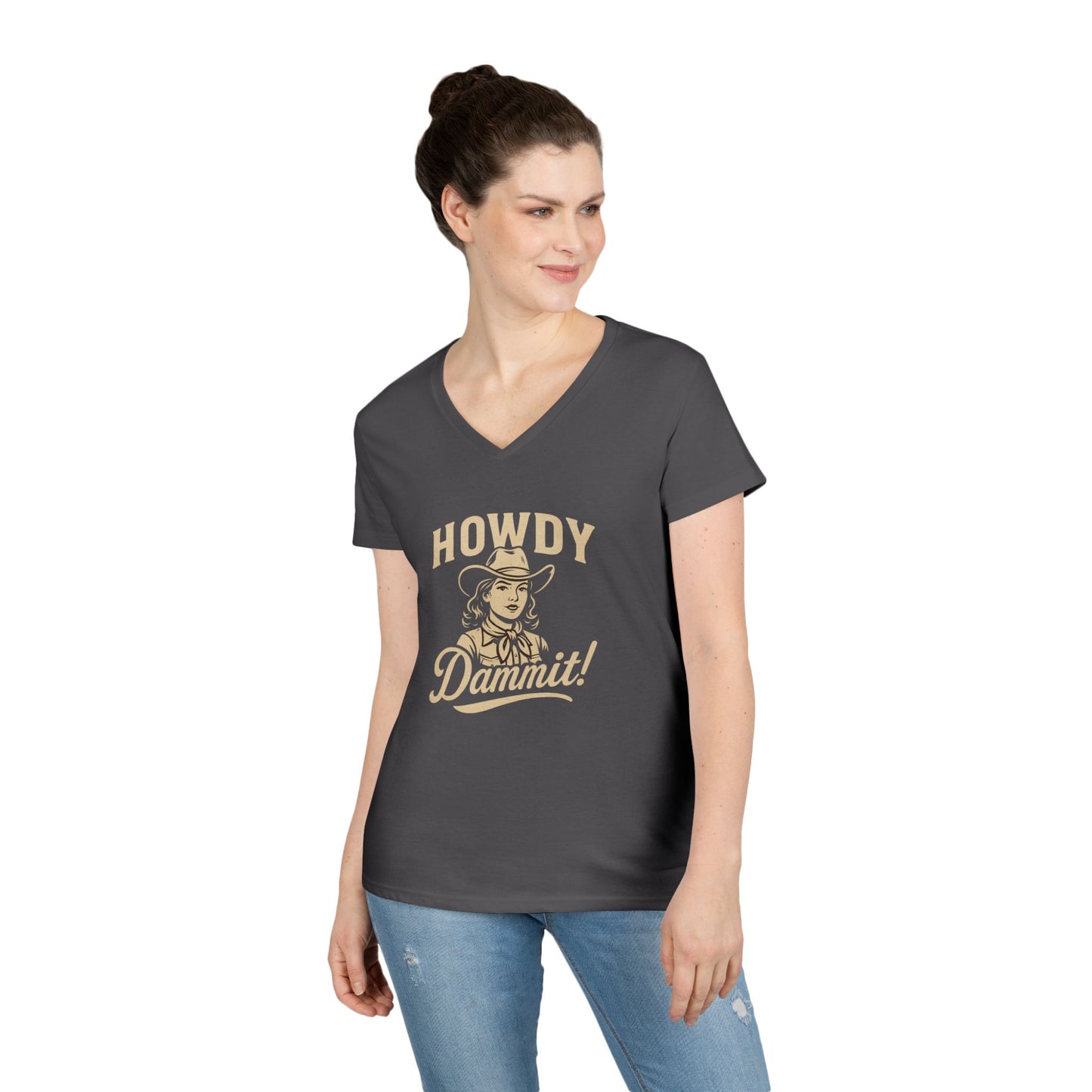 Howdy Dammit! Aggie Texas Cowgirl Ladies V-Neck Tshirt (Gold Logo)