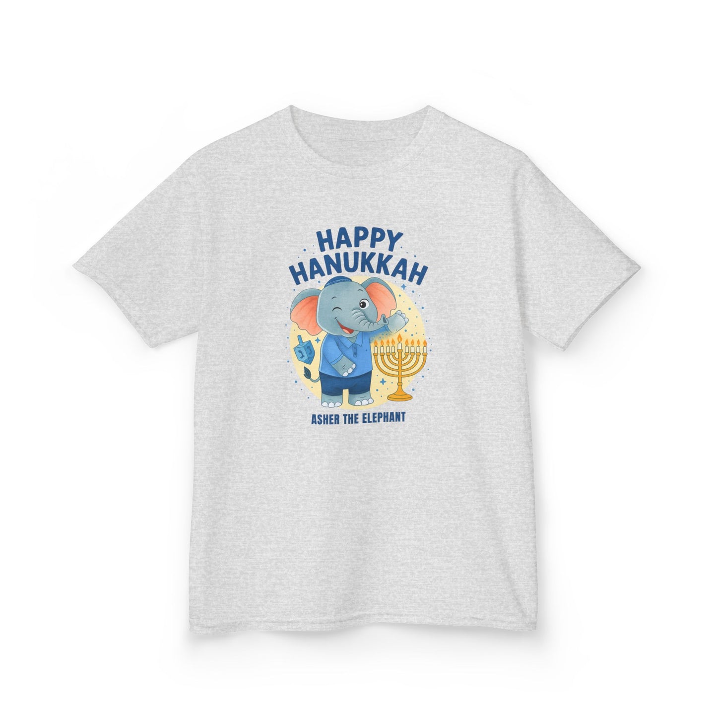 Happy Hanukkah Asher the Elephant Kids Tshirt (Wink Logo)