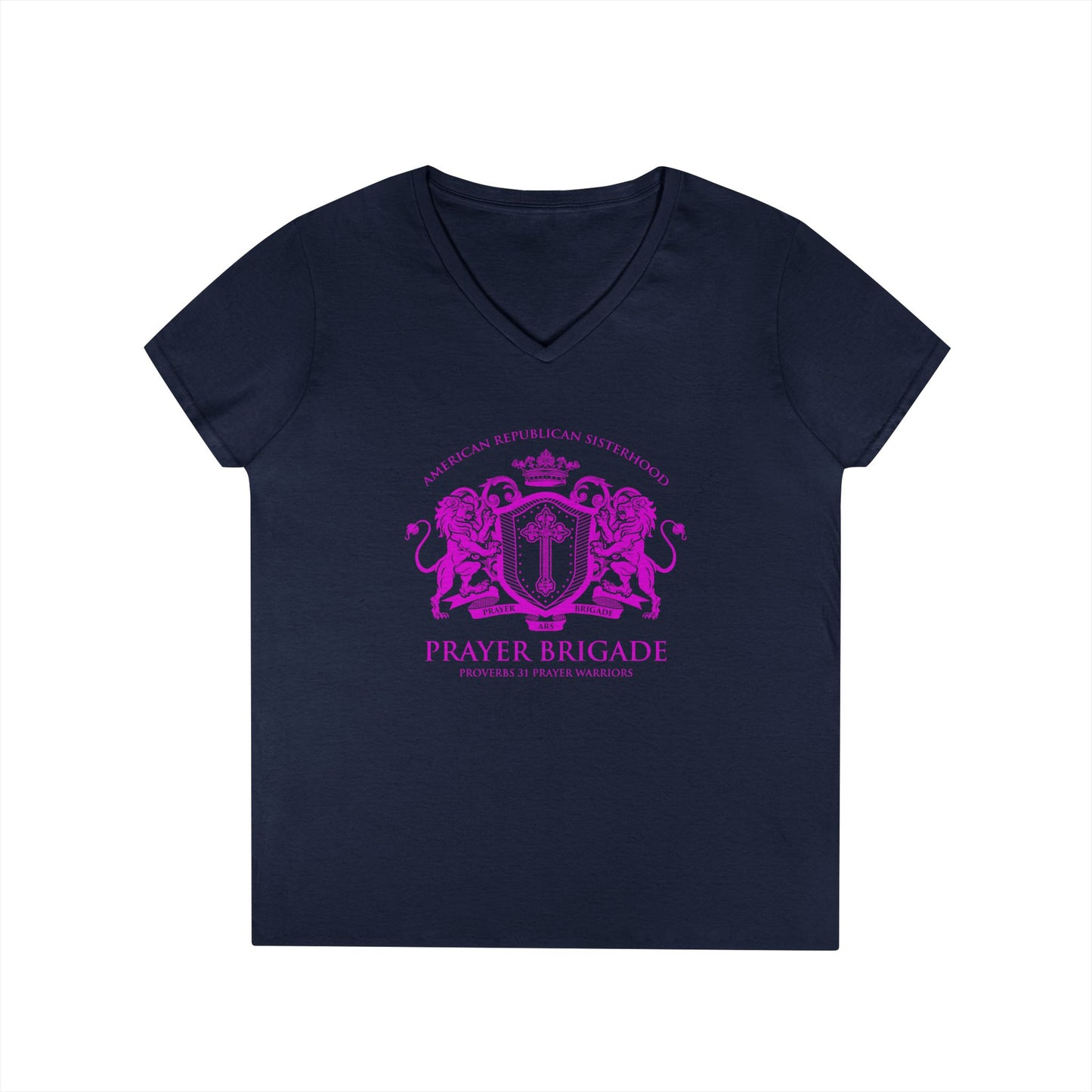 ARS Prayer Brigade Ladies' V-Neck T-Shirt (Dark Gray with Hot Pink Logo)