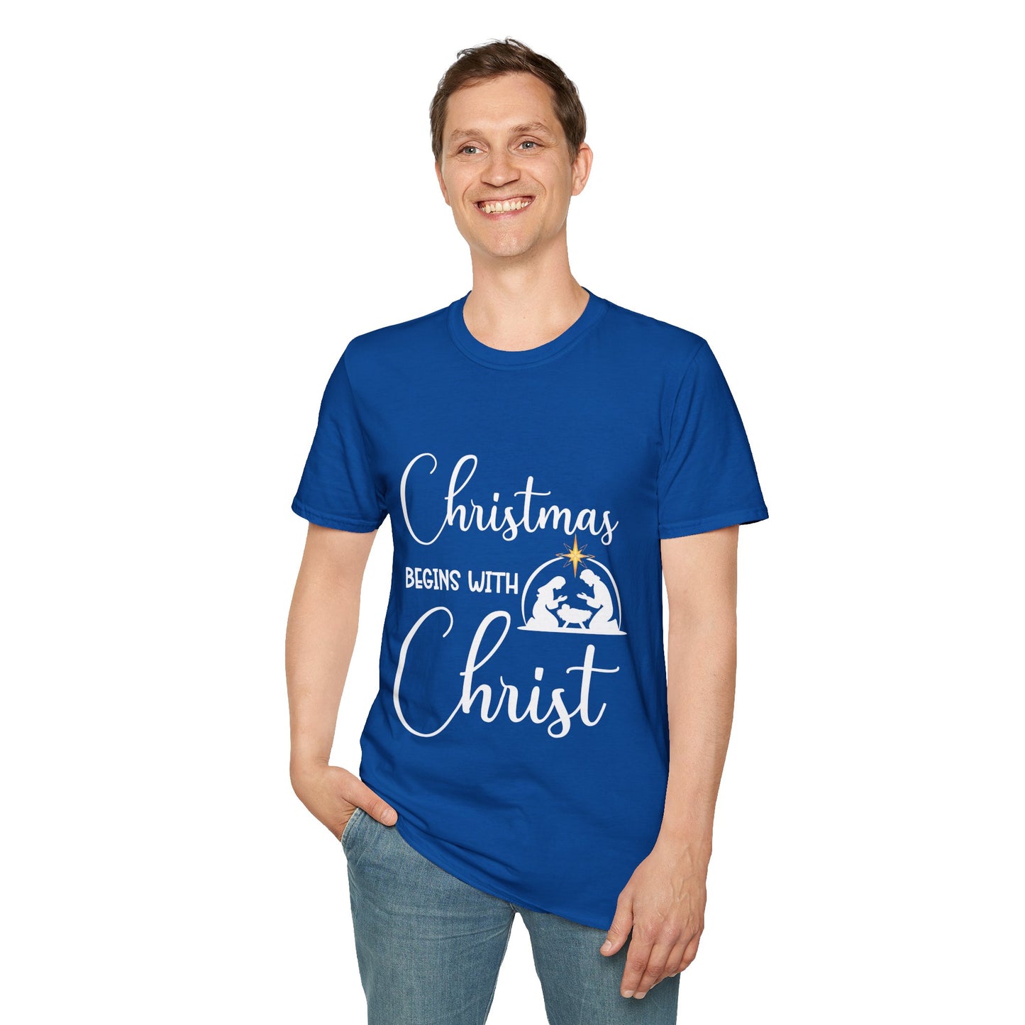 Christmas Begins with Christ Men's Tshirt (White/Gold Logo) - Sweet Baby Jeez Teez